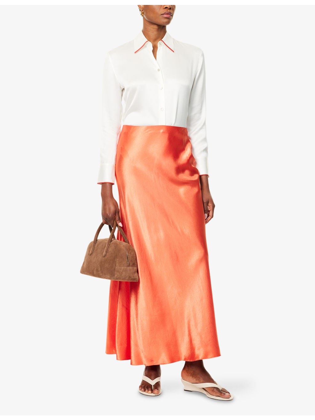 Flared-hem crinkle-texture satin midi skirt - 2