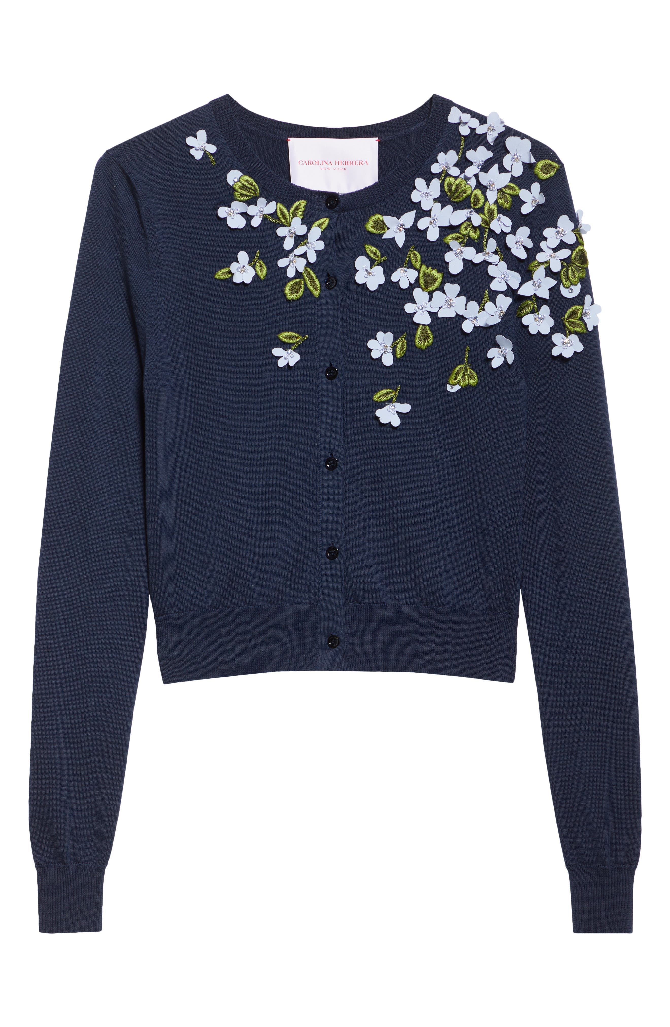 Carolina Herrera Floral Appliqué Silk & Cotton Cardigan in Midnight at Nordstrom - 6