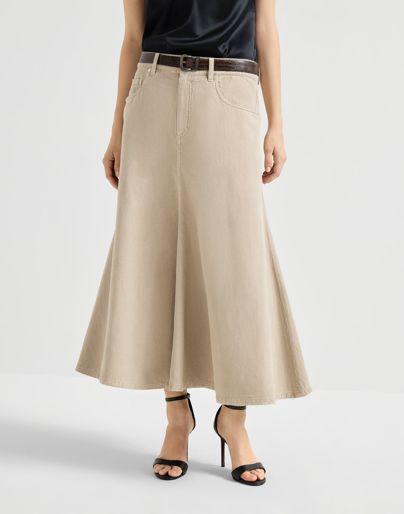 Brunello Cucinelli Garment-dyed five-pocket flared skirt in cotton and linen cover with monili outlook