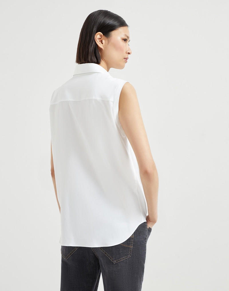 Brunello Cucinelli Stretch cotton poplin sleeveless shirt with shiny trim outlook