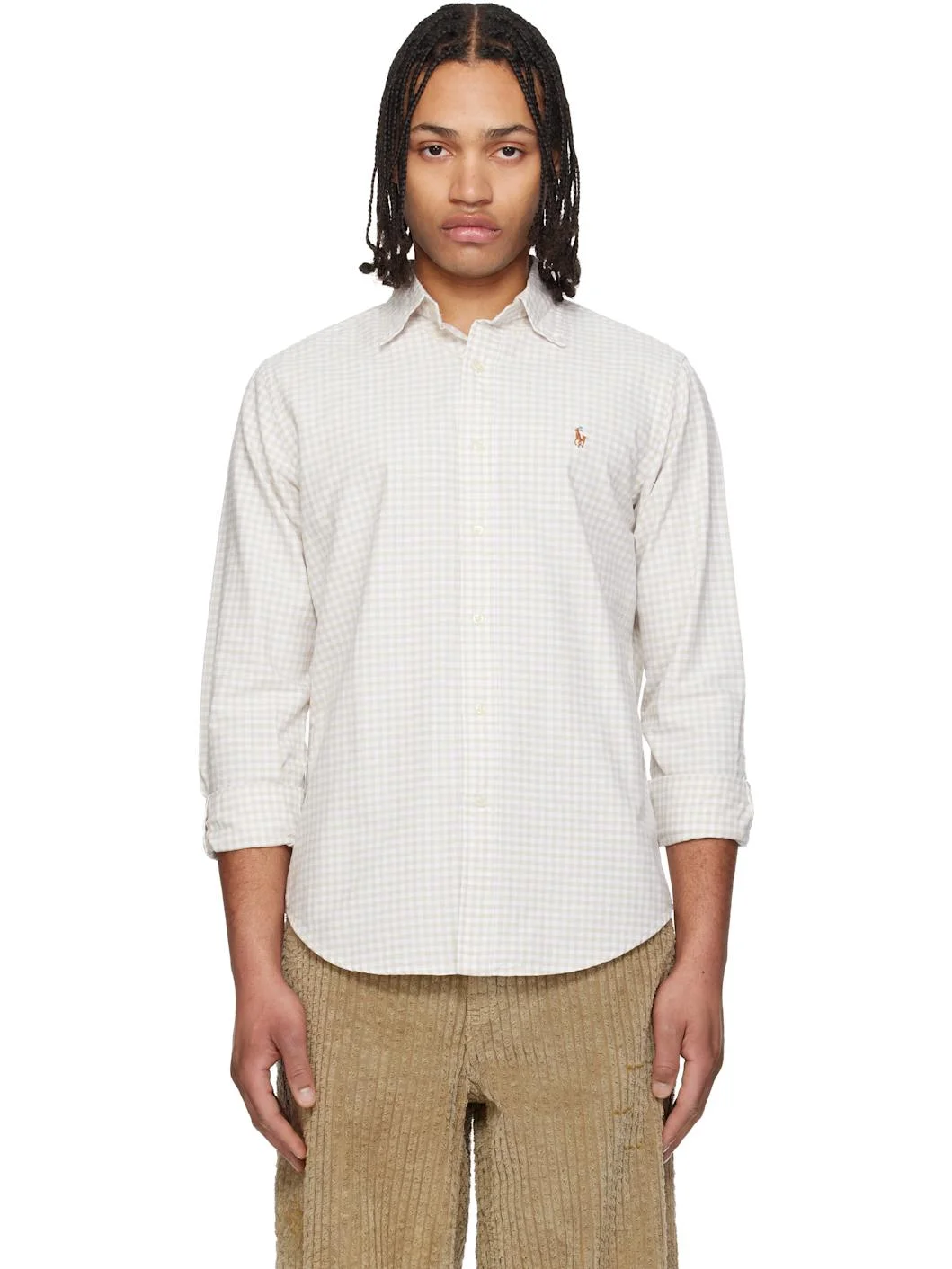 Beige & White Classic Fit Gingham Oxford Shirt - 1