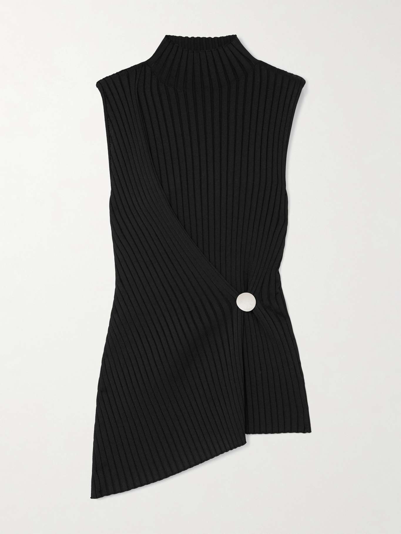 Asymmetric embellished ribbed-knit wrap tank - 1