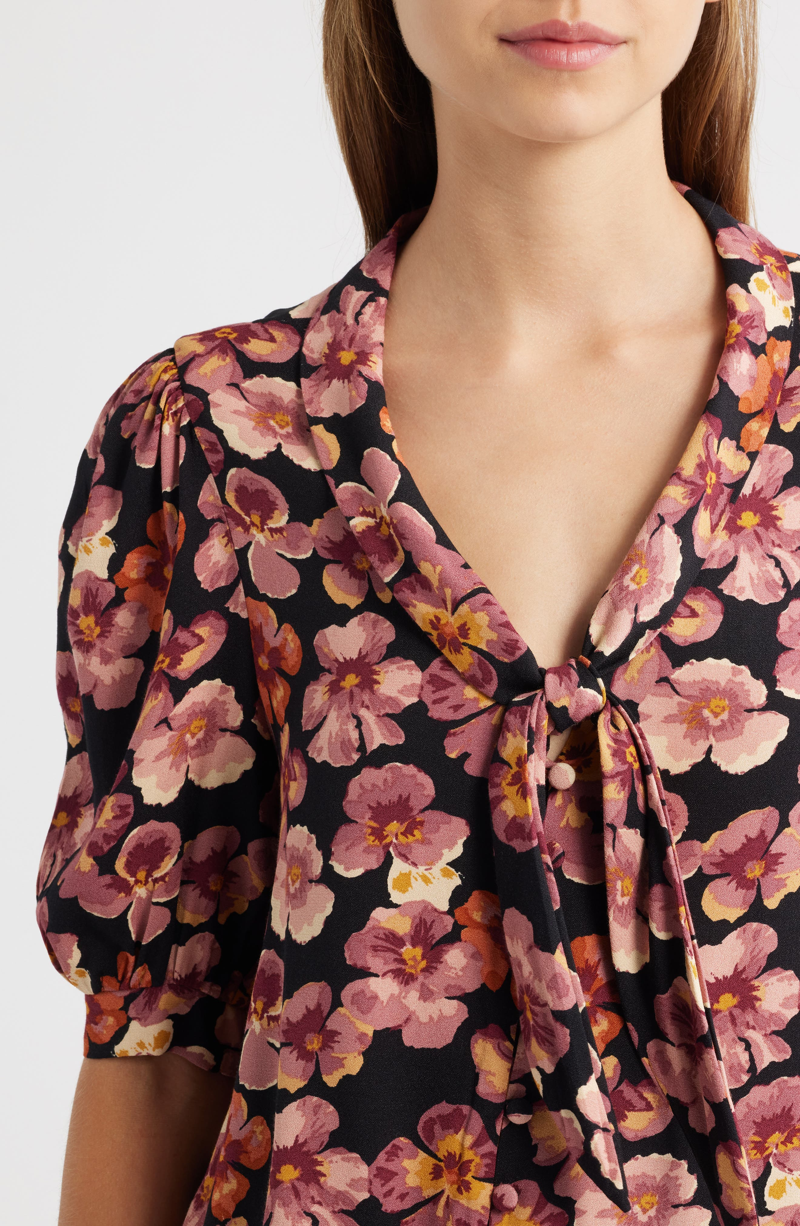 Reformation Joelle Floral Tie Neck Button-Up Top in Pansy at Nordstrom - 4