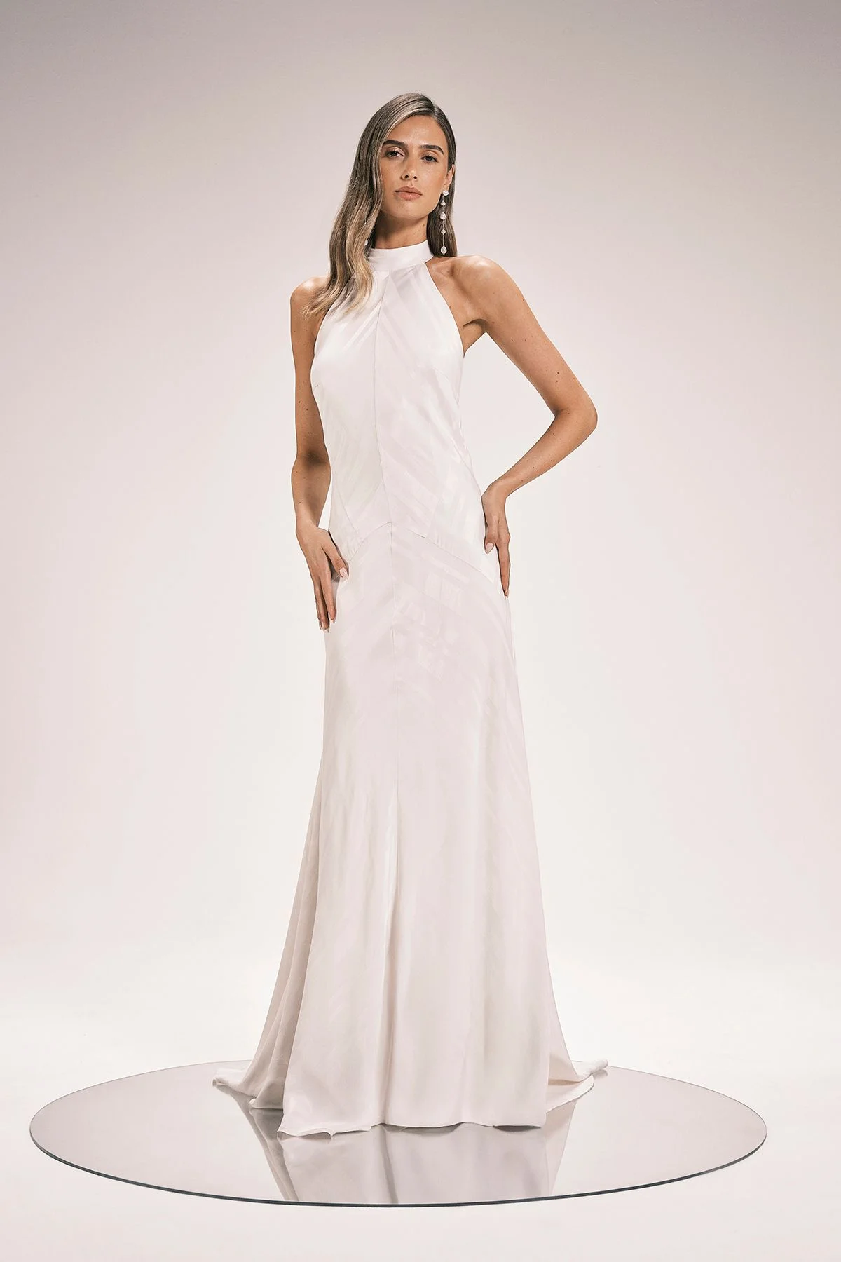 Stripe Jacquard Halter Neck Woven Maxi Dress - 1