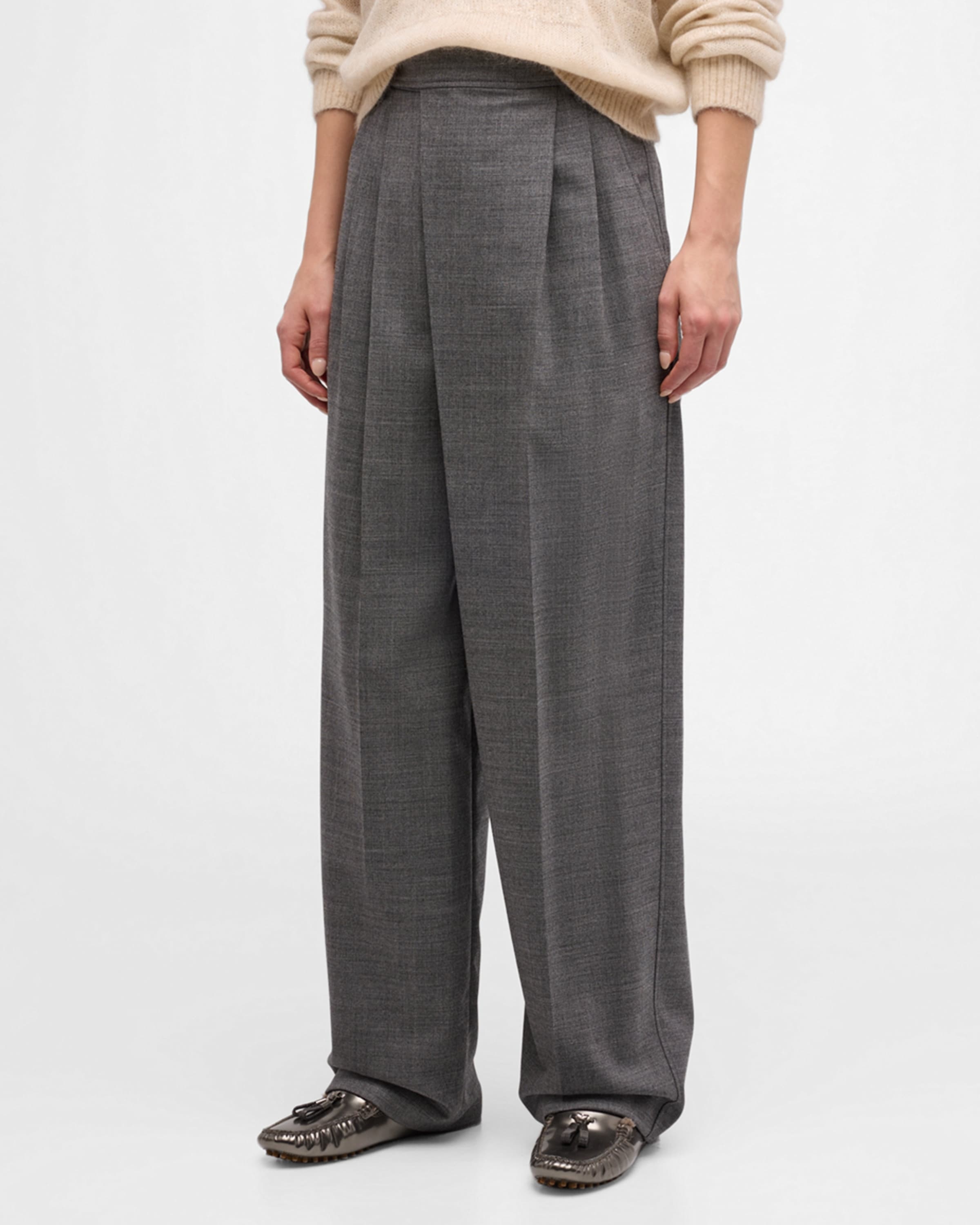 Stretch Wool Grisaille Crossover-Waist Wide-Leg Trousers - 2
