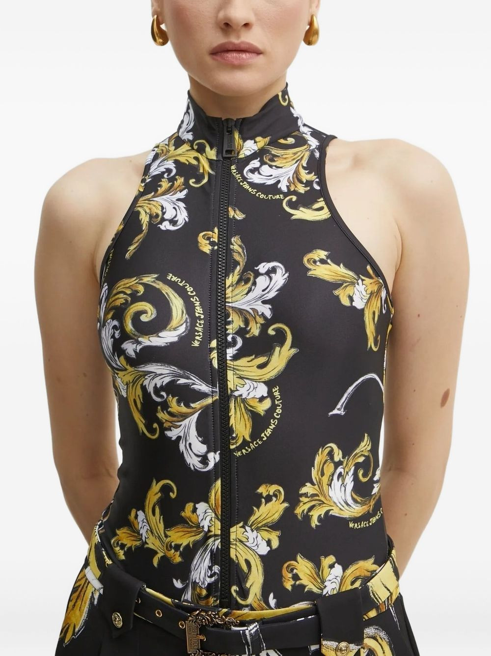 baroque-print zip-front bodysuit - 5