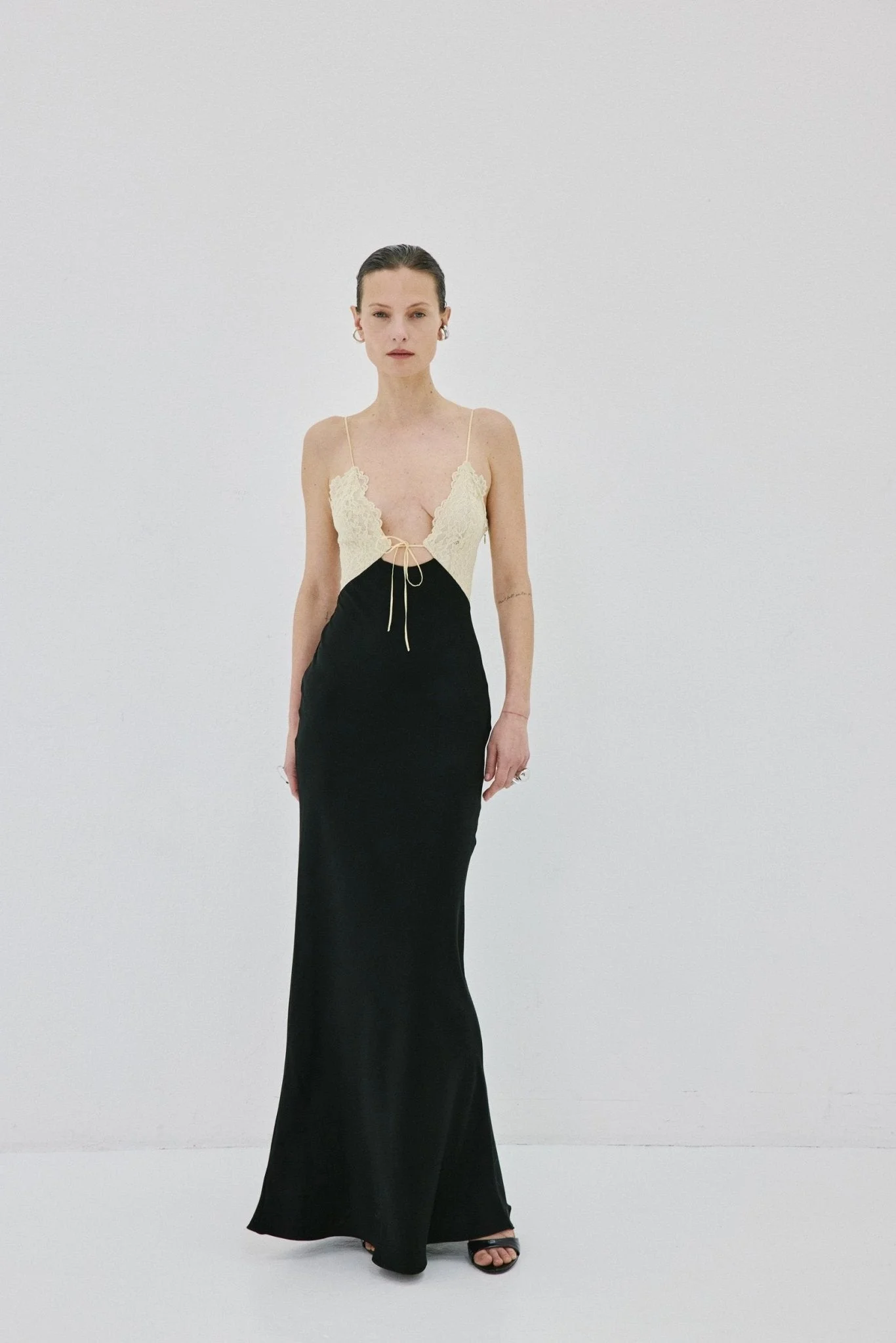 MAEVE MAXI DRESS IN BLACK AND SOFT YELLOW SATIN - 1