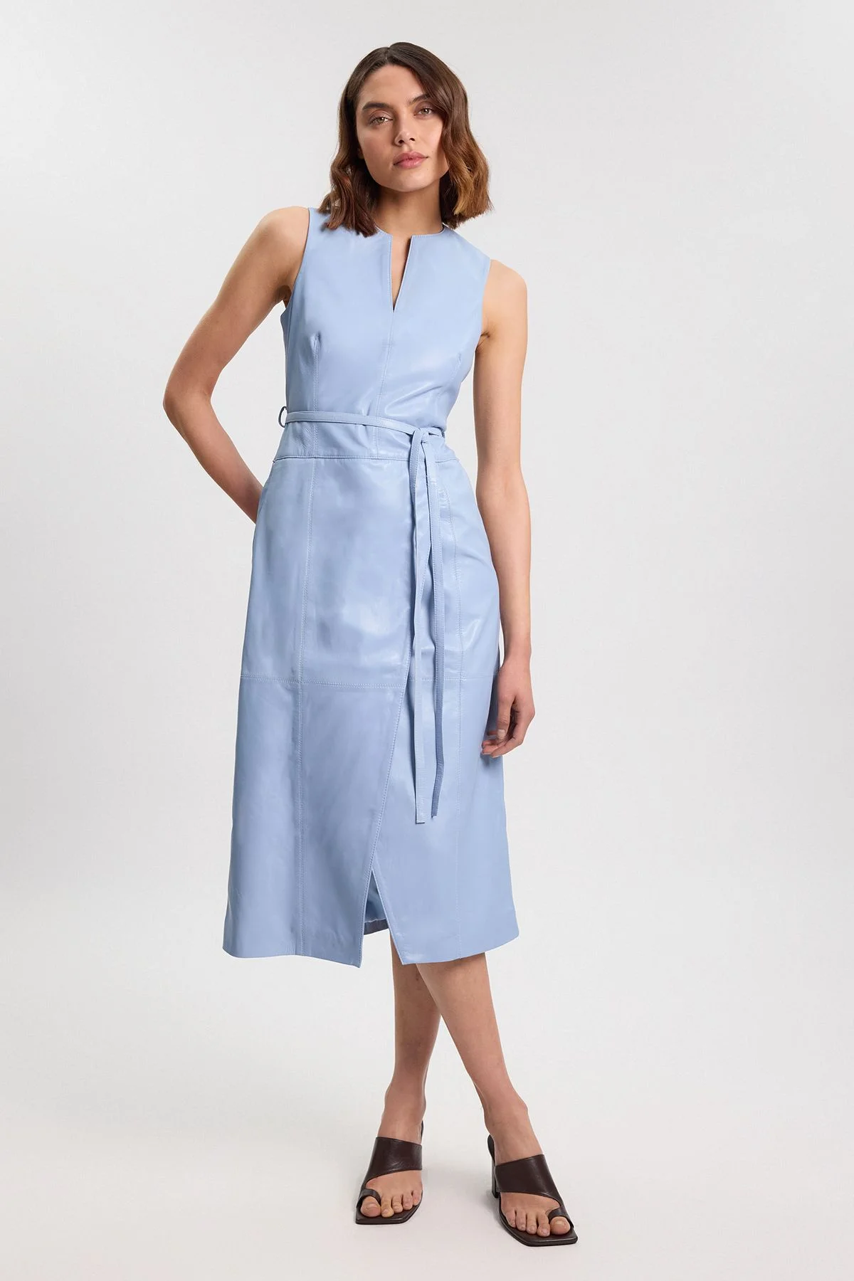 Leather Tie Belted Midi Dress - 1