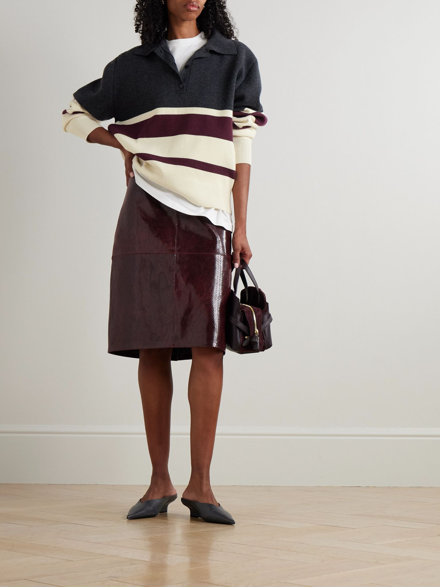 Oversized striped wool and cashmere-blend polo sweater Charcoal - 4