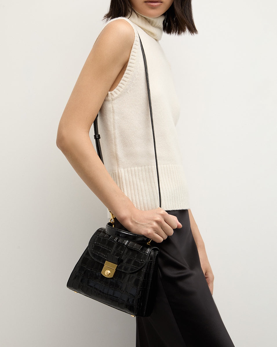 CROC-EMBOSSED CREST LOCK TOP HANDLE BAG - 2