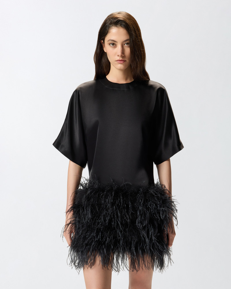 PINKO GLOSSY SATIN EVENING DRESS WITH FEATHERS outlook