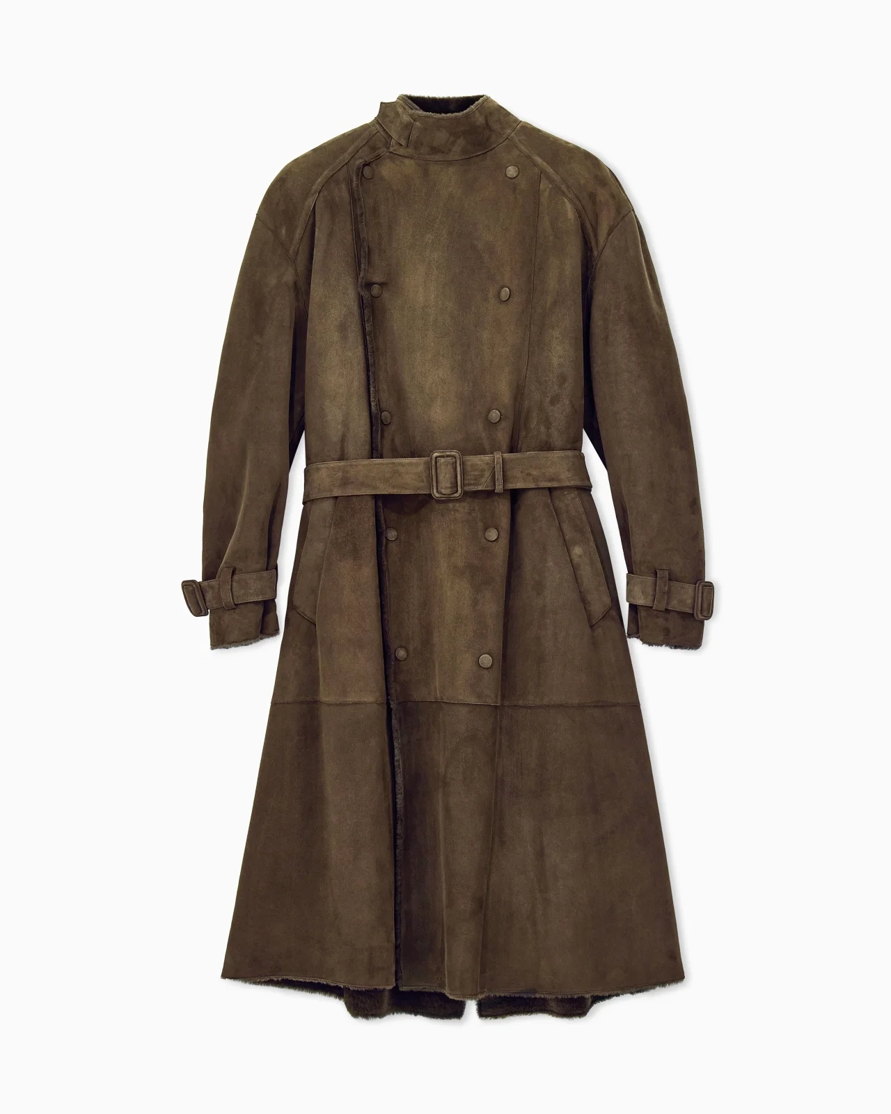 DOUBLE-BREASTED SHEARLING TRENCH COAT WITH HIGH COLLAR AND BELT - 1