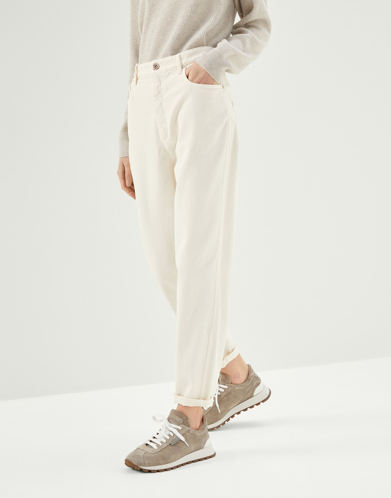 Dyed comfort denim curved trousers with shiny tab - 1