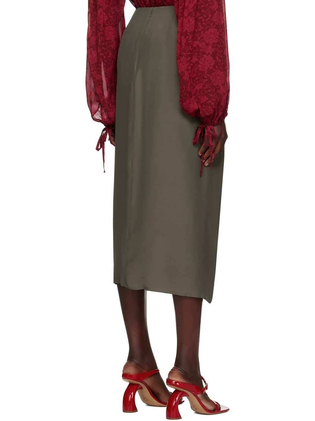Khaki Draped Flared Midi Skirt - 3