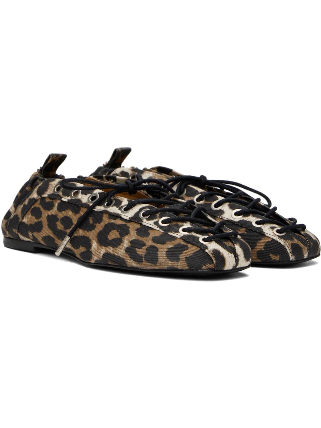 Brown Printed Denim Lace-Up Ballerina Flats - 4