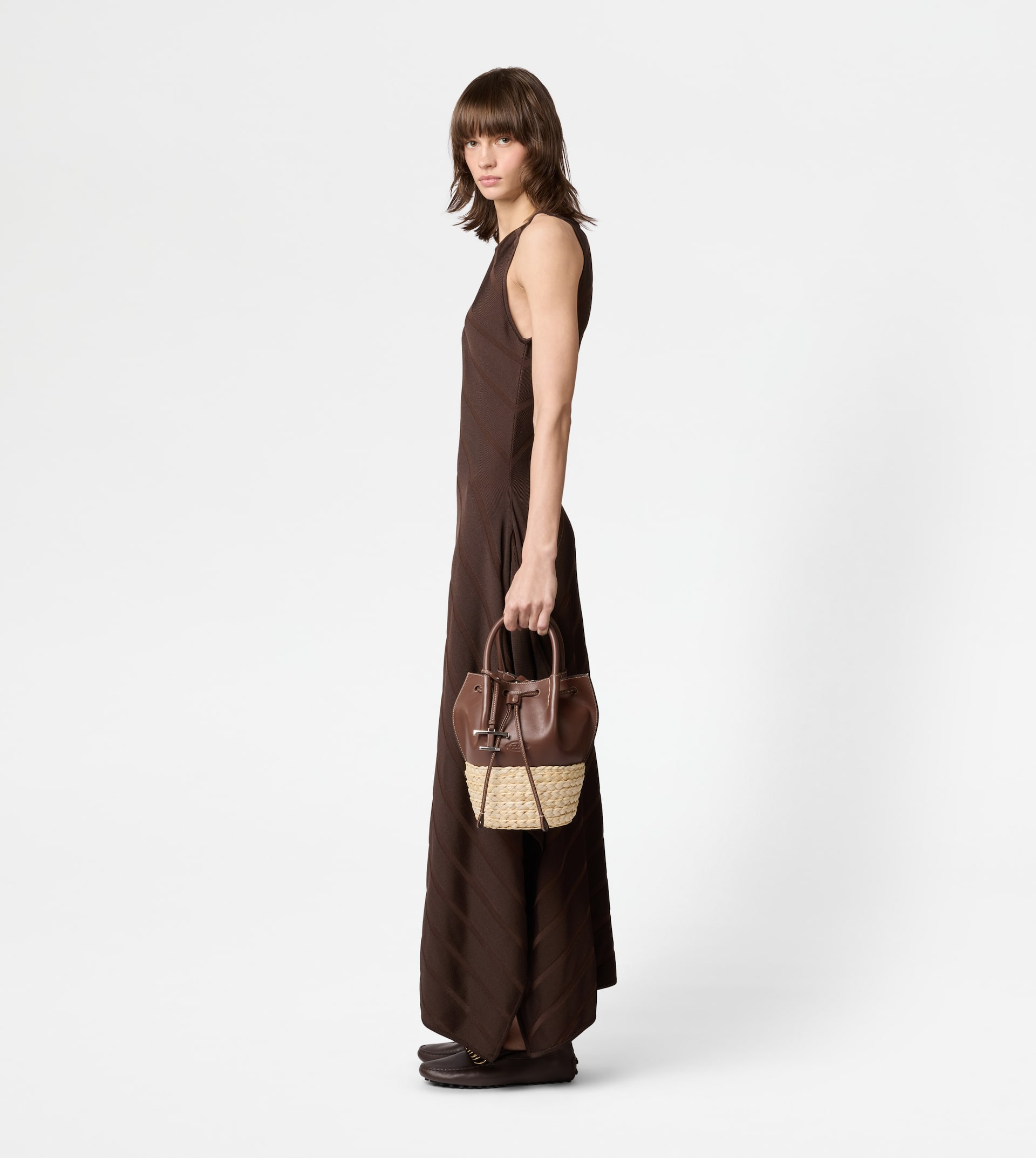 BUCKET BAG IN STRAW AND LEATHER MINI - BROWN, NATURAL - 7