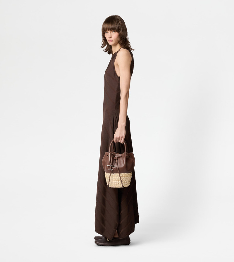 BUCKET BAG IN STRAW AND LEATHER MINI - BROWN, NATURAL 7