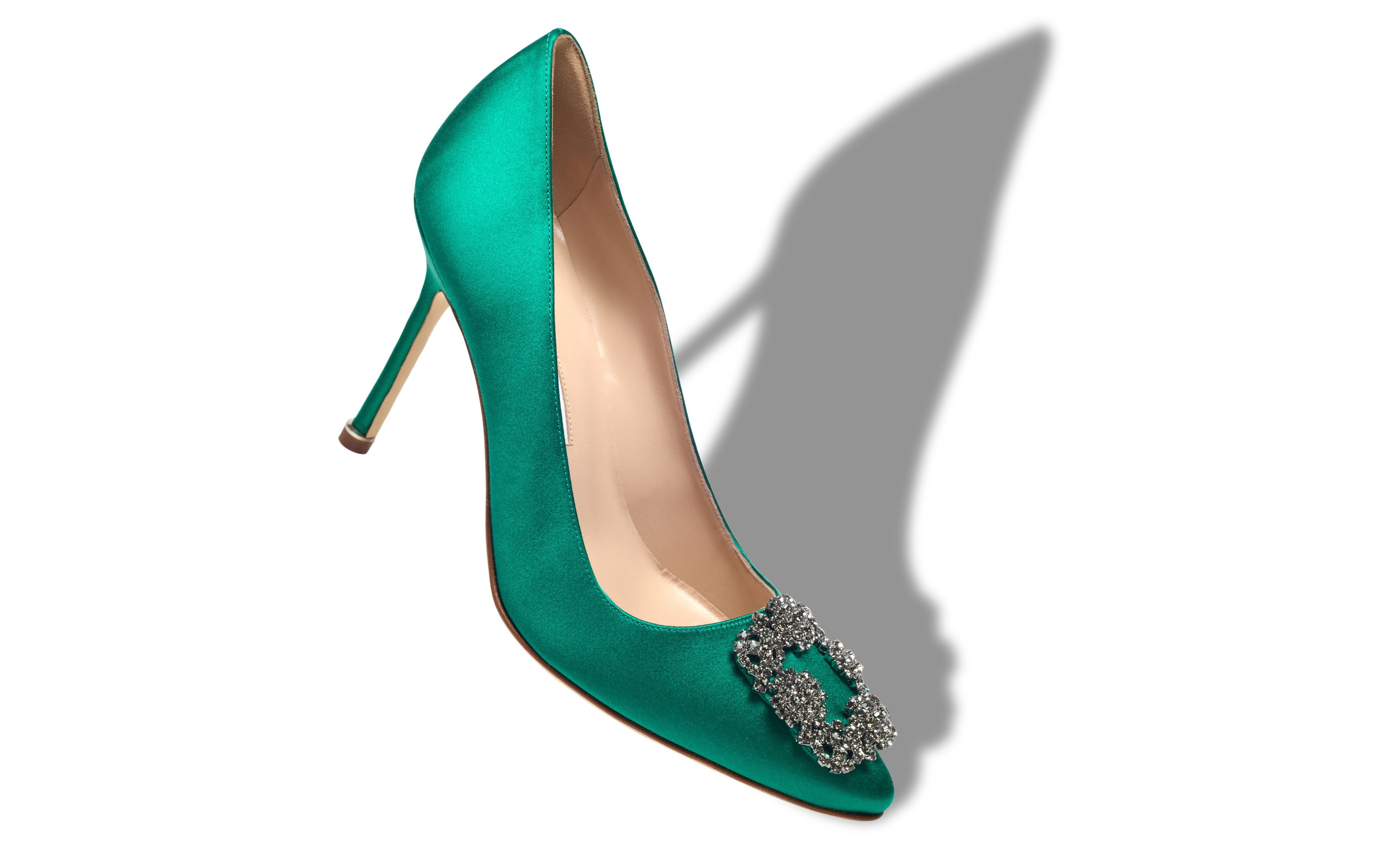 Manolo Blahnik Green Satin Jewel Buckle Pumps outlook