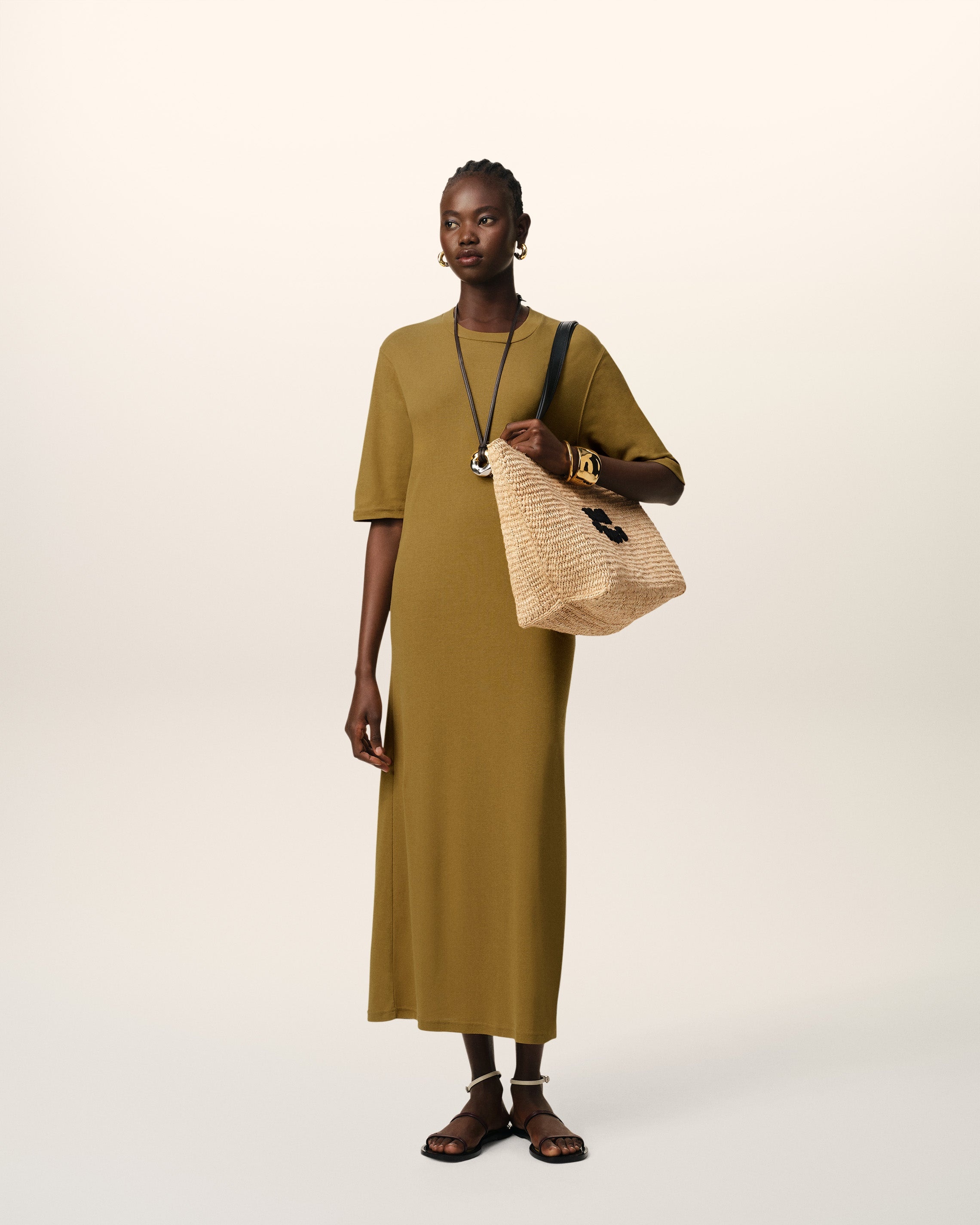 MUSTARD COTTON SHORT SLEEVE MIDI DRESS - 1