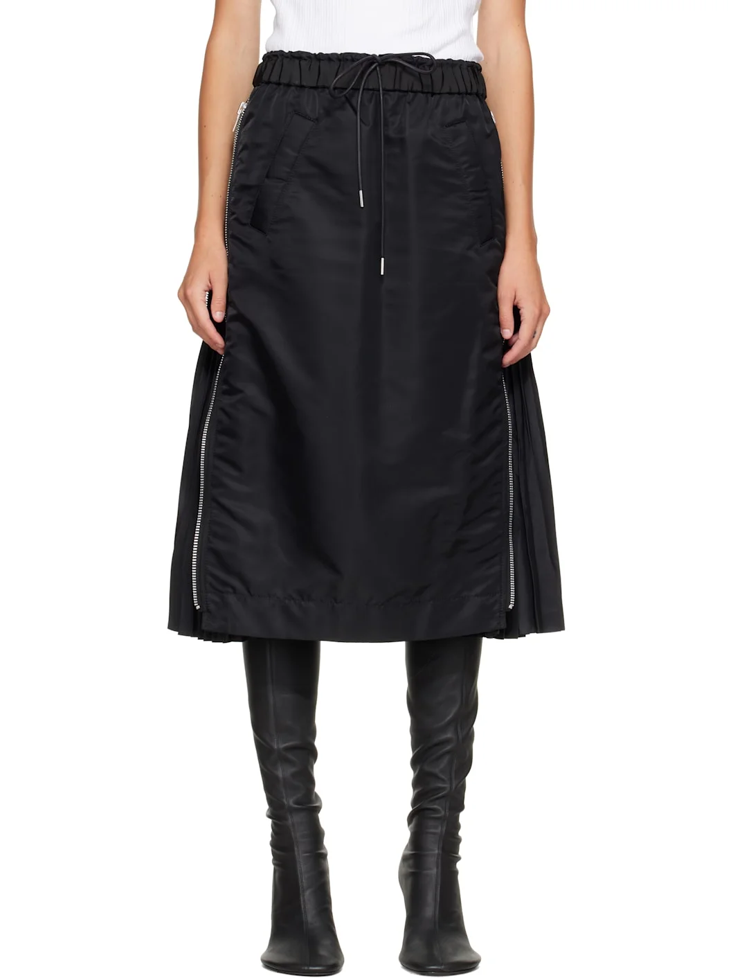 Black Nylon Twill Midi Skirt - 1