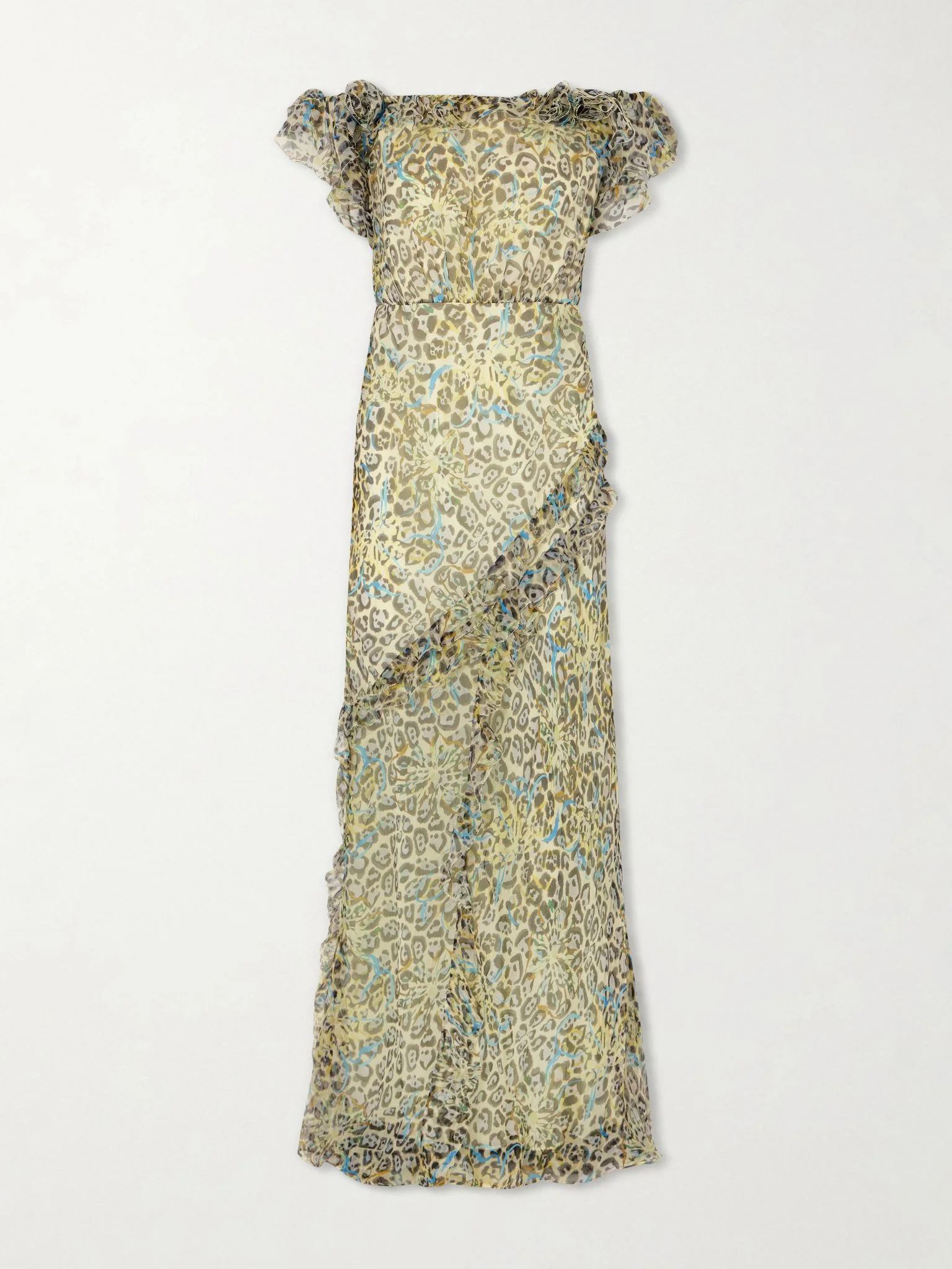 Nina off-the-shoulder ruffled printed silk gown Leopard print - 1