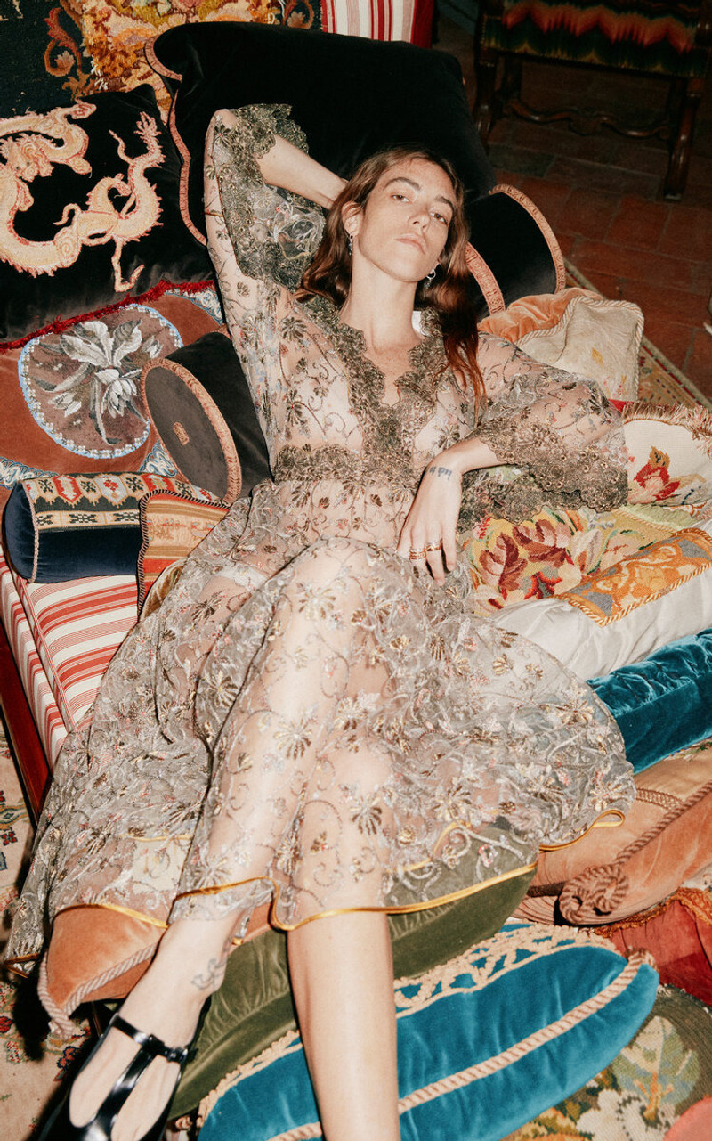 LORETTA CAPONI Topazio Lace-Trimmed Midi Dress gold outlook