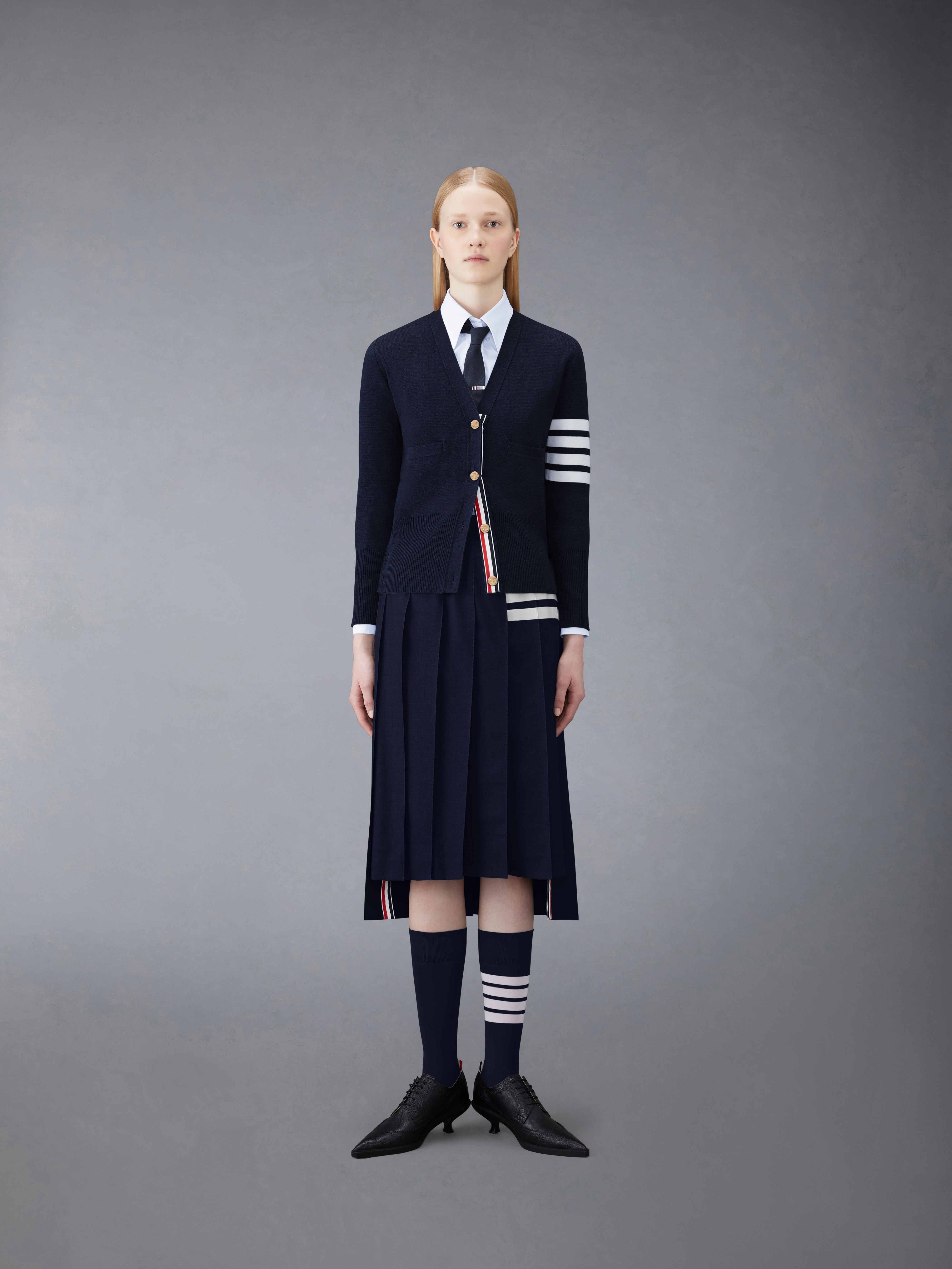 Navy Cotton Crepe V-Neck 4-Bar Cardigan - 3