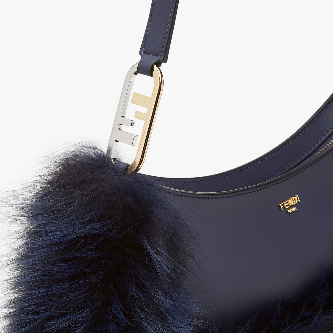 Pouch made of dark blue leather, embellished with tone on tone fox fur and decorated with Fendi Roma - 5