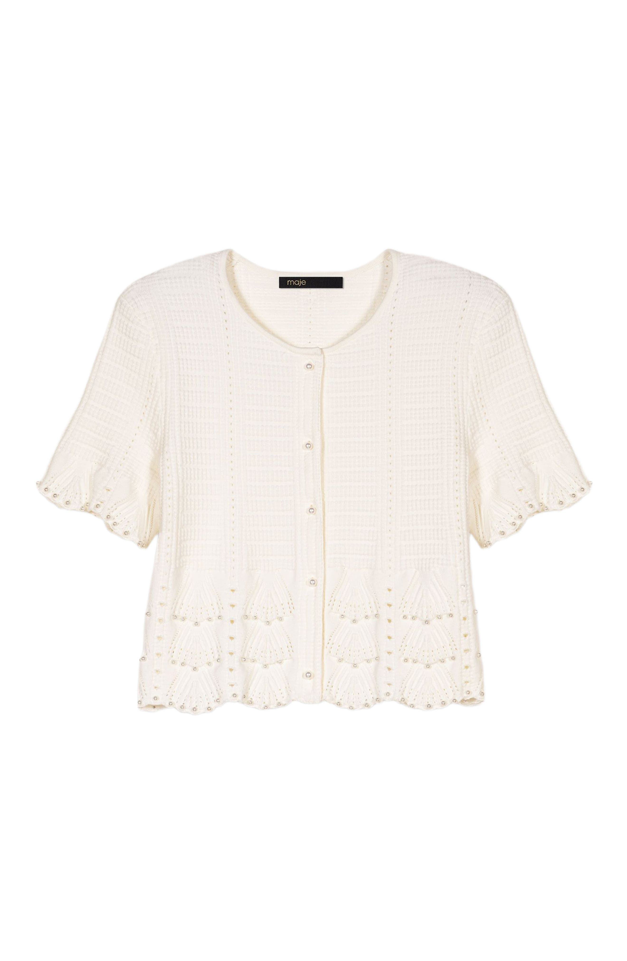 maje Beaded pointelle knit cardigan in White at Nordstrom - 1