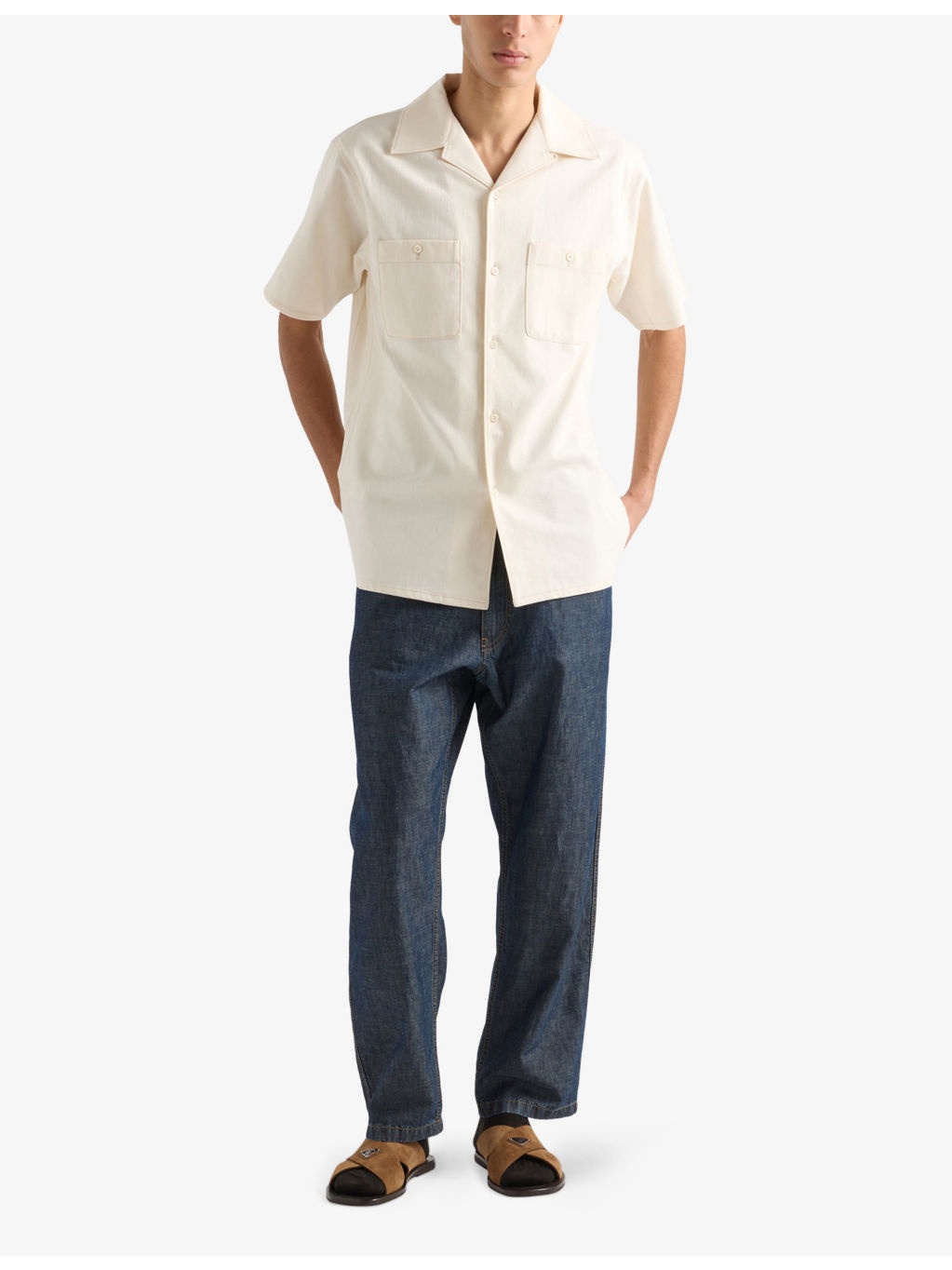 Triangle-Logo Relaxed Chambray Cotton-Linen Trousers - 2