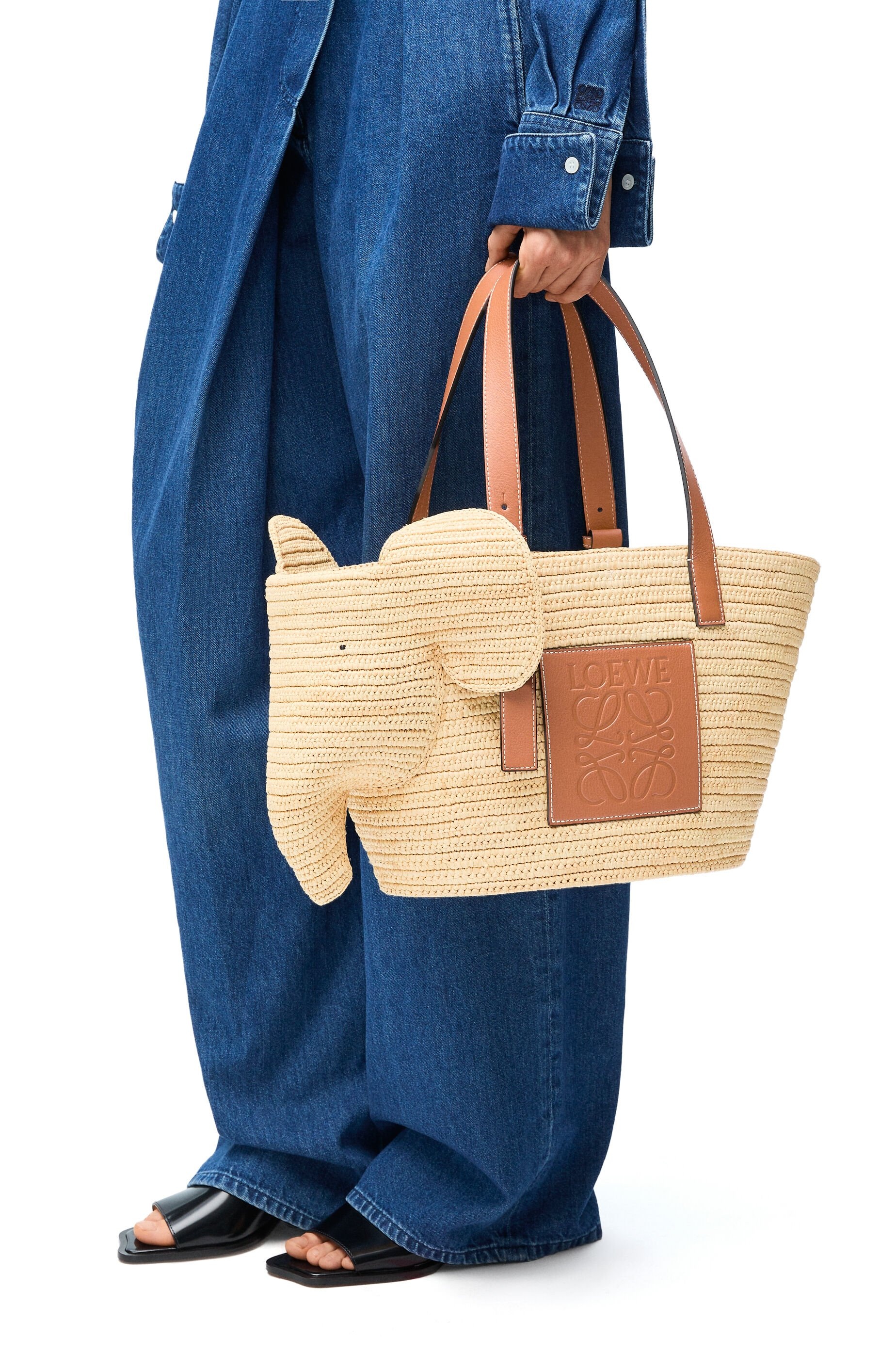 Elephant basket bag in raffia and calfskin - 3