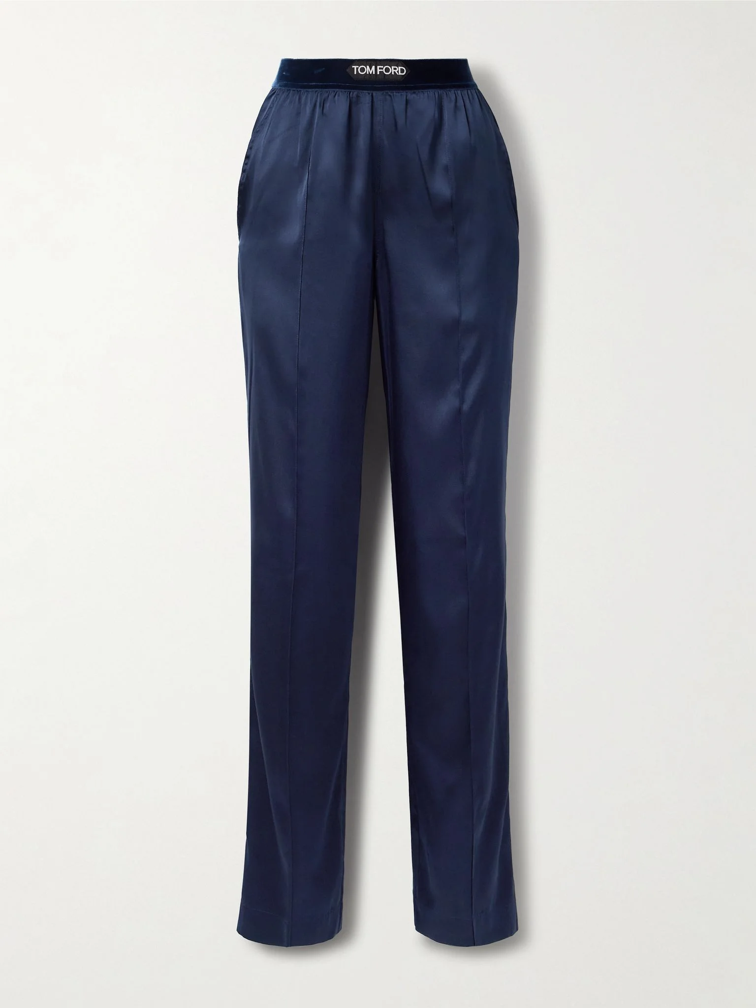 Velvet-trimmed stretch-silk satin pants Navy - 1