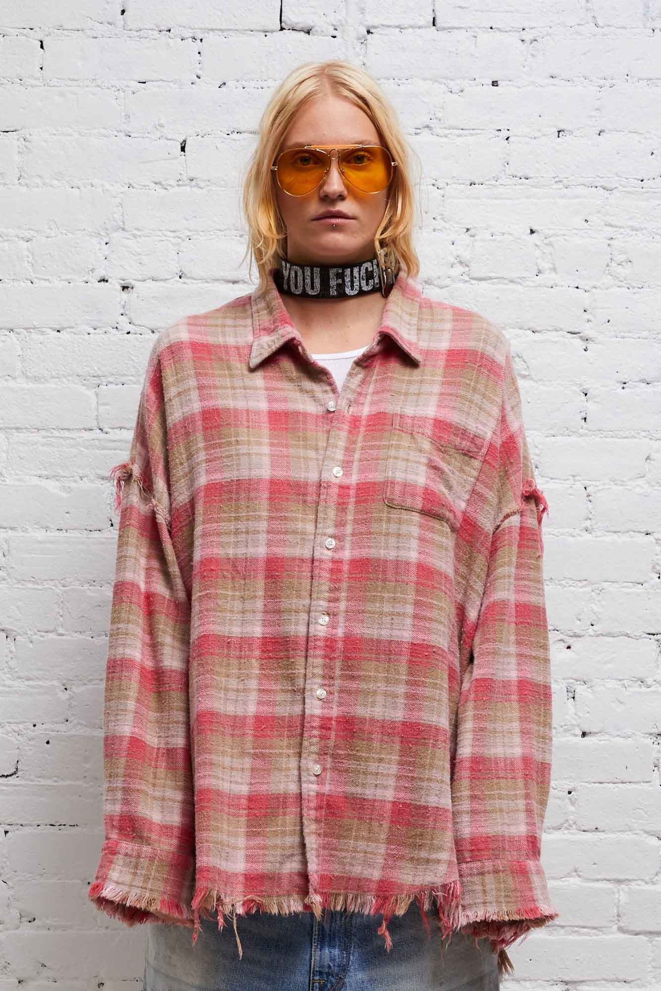 R13 SHREDDED SEAM DROP NECK SHIRT OVERDYED PINK PLAID REVERSIBLE