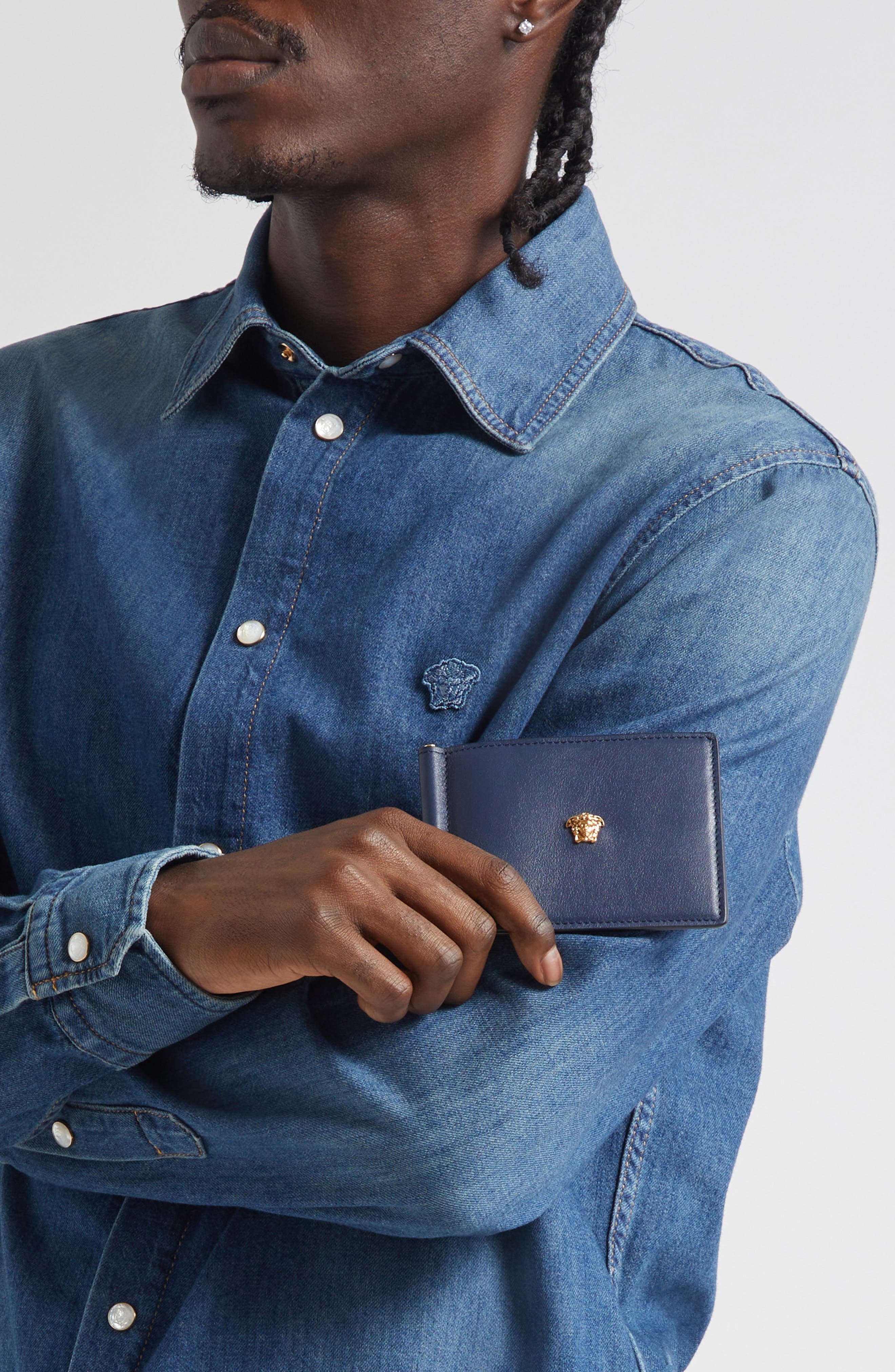 Versace Medusa Money Clip Leather Bifold Wallet in Midnight Blue-Versace Gold at Nordstrom - 3