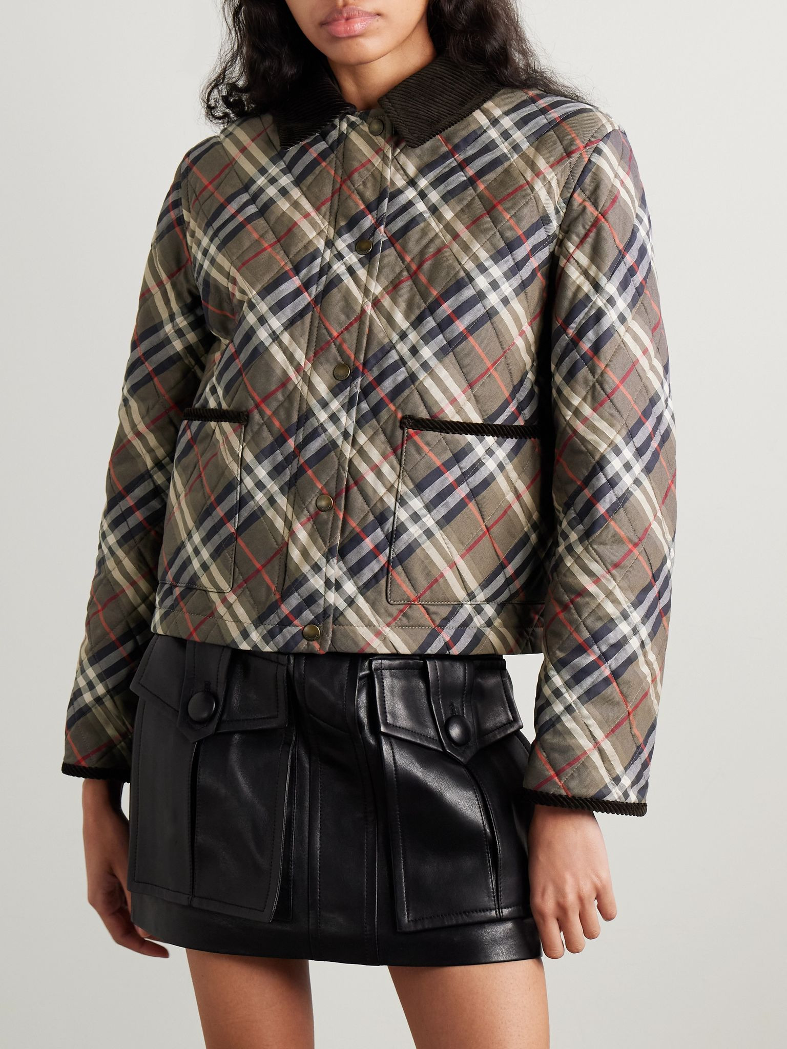 Corduroy-trimmed quilted checked cotton jacket Multi - 3
