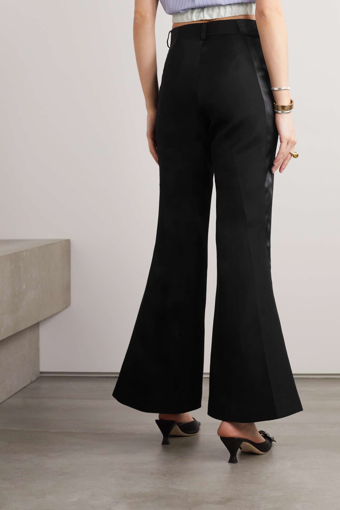 Satin-trimmed silk and cotton-blend flared pants - 4