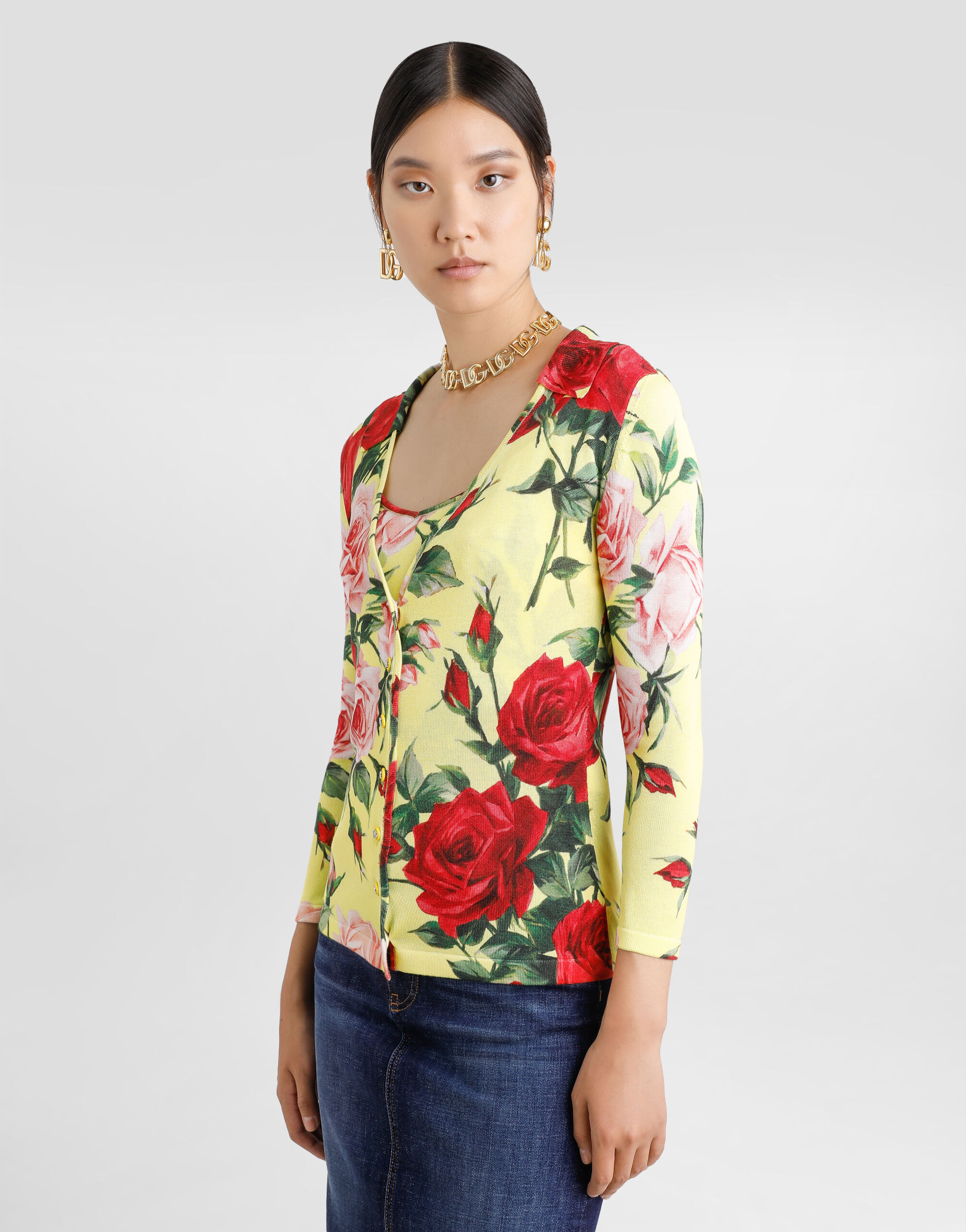 Silk knit cardigan with bouquet print - 4