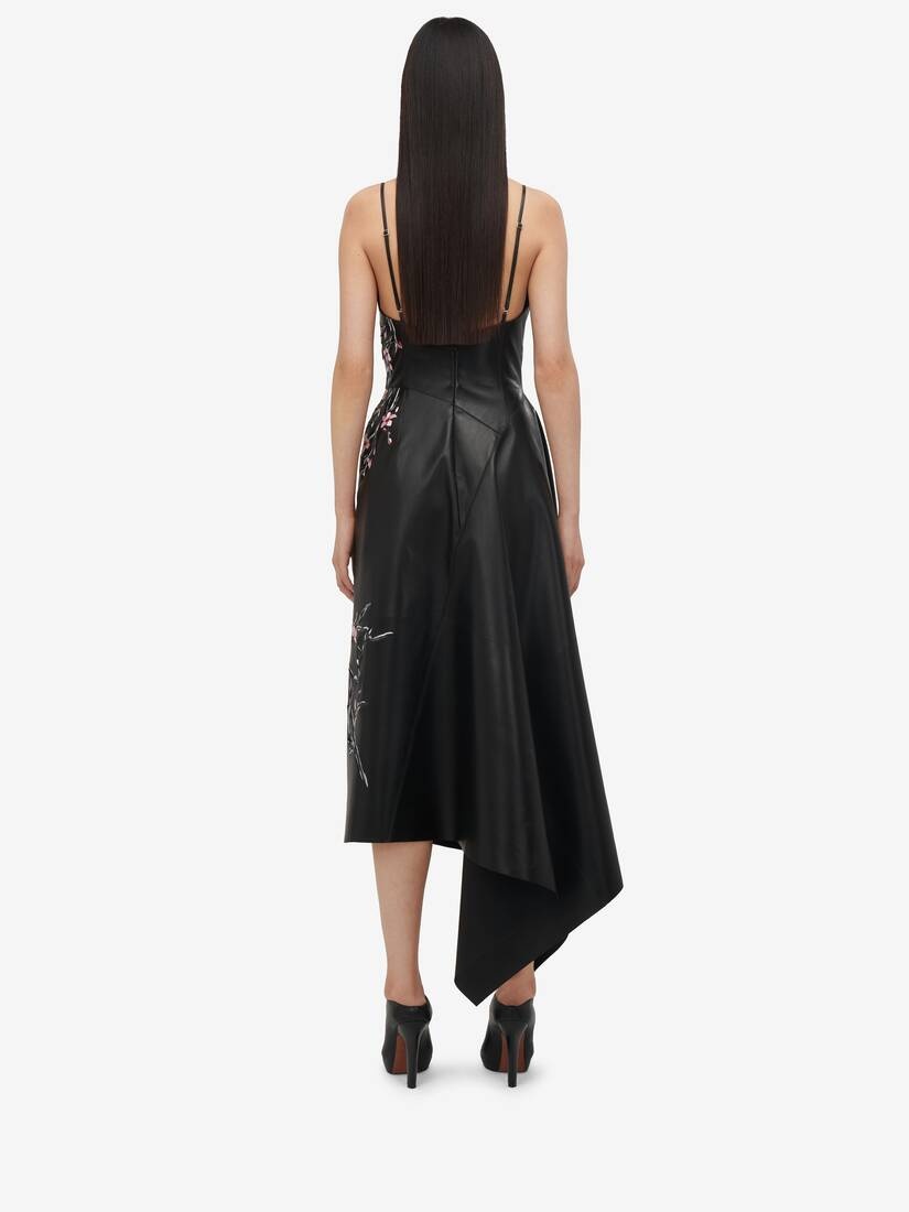 Women's Cherry Blossom Leather Dress in Black/pink/ivory - 4