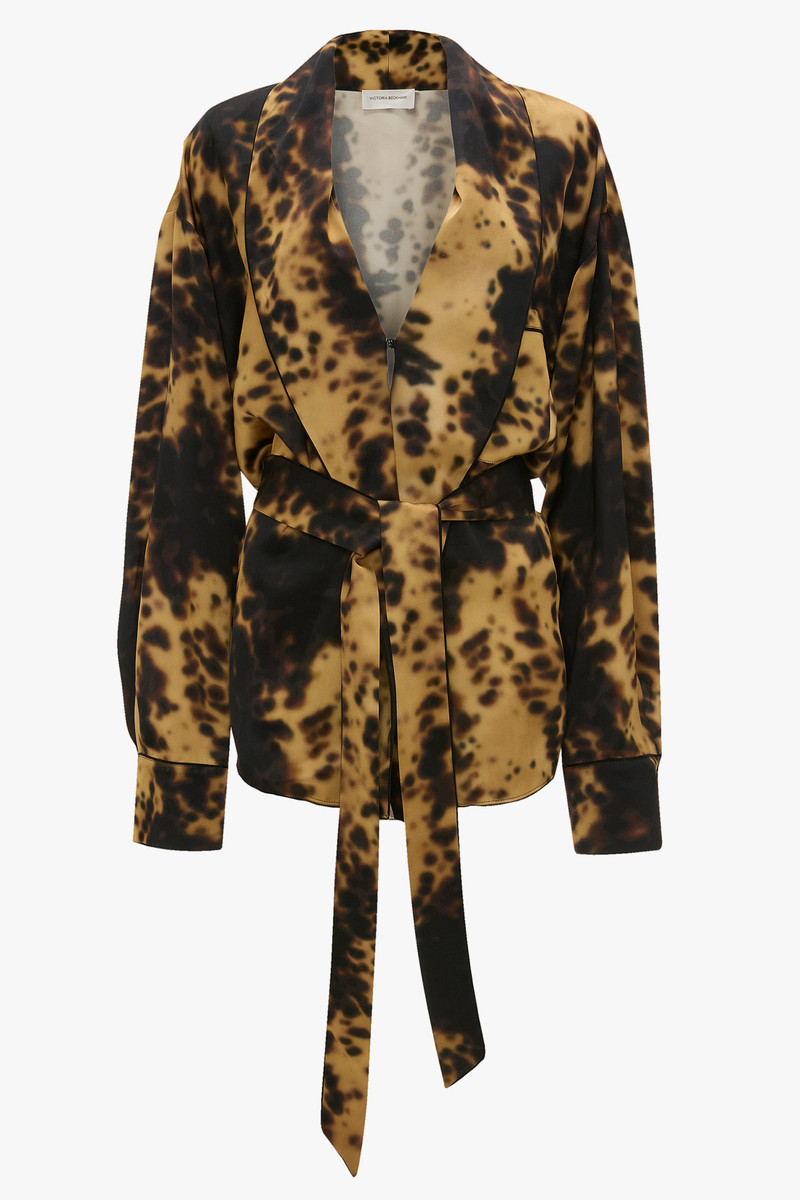 Pyjama Wrap Blouse In Olive Brown Print 1