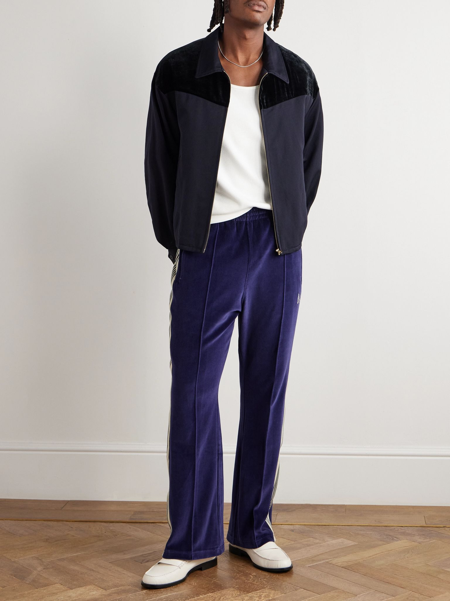 Flared Webbing-Trimmed Logo-Embroidered Cotton-Blend Velour Track Pants Navy - 2