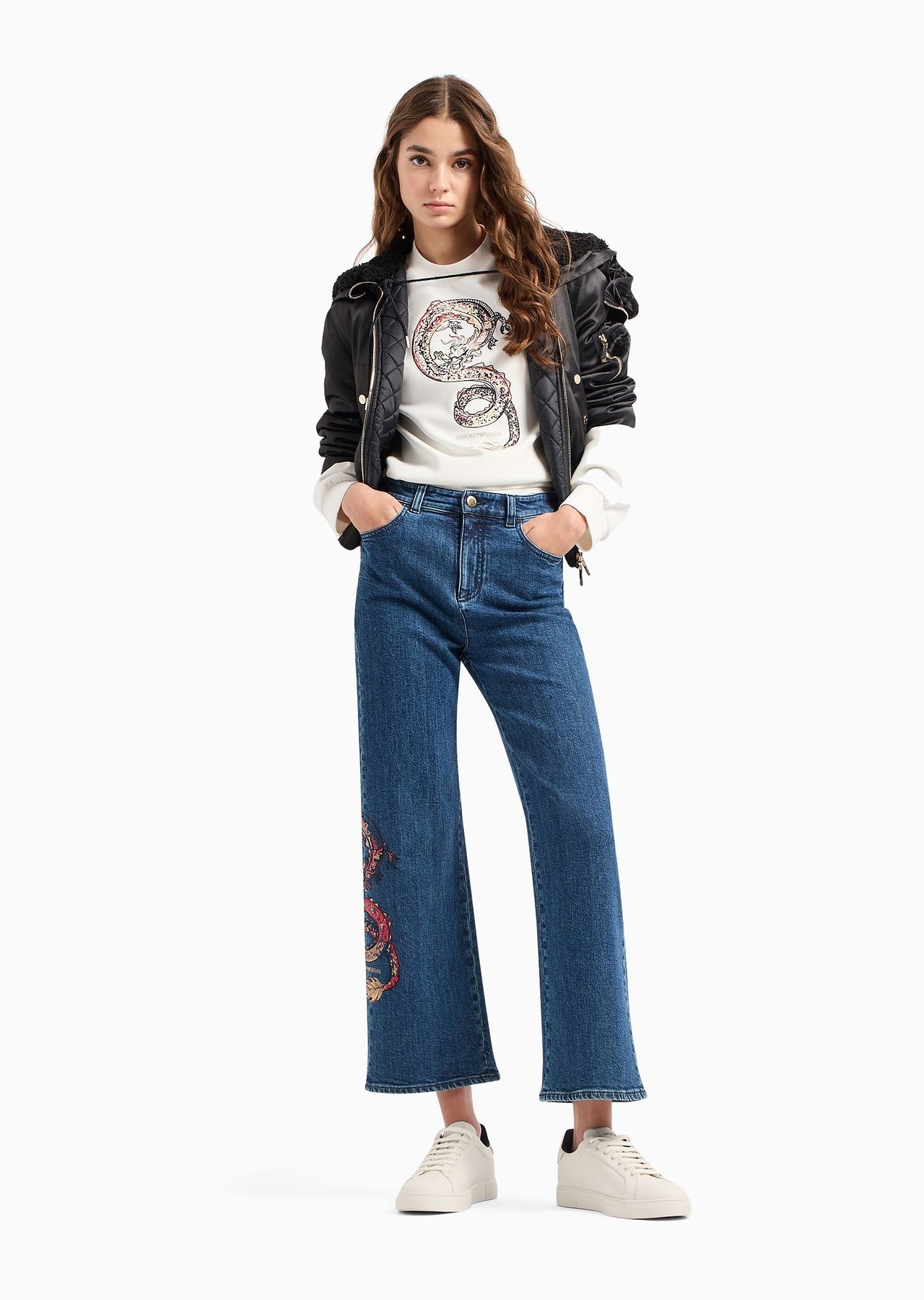 High-waisted cropped jeans in comfort denim with embroidery - 4