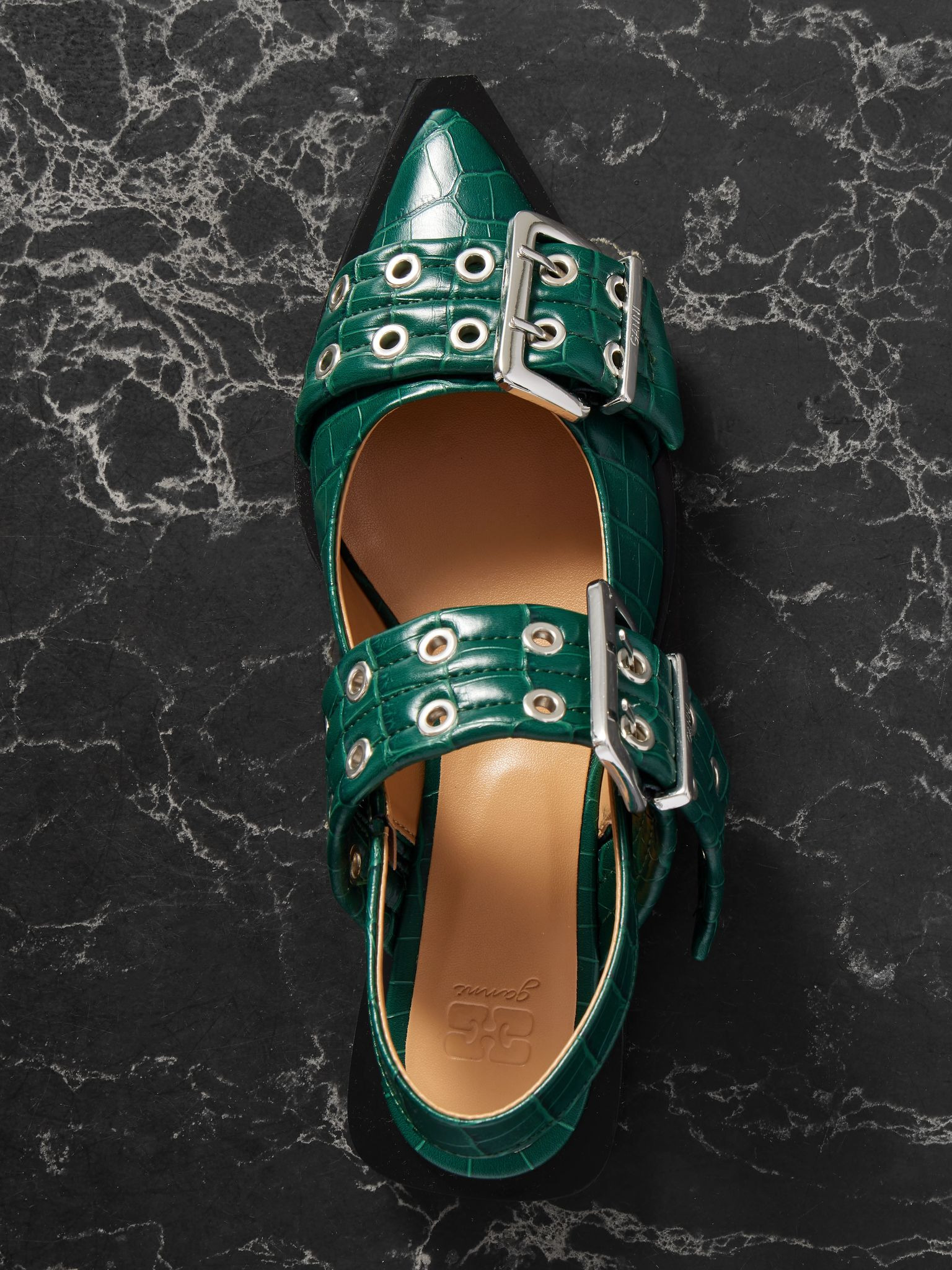 Embellished glossed recycled point-toe slingback flats Green - 5