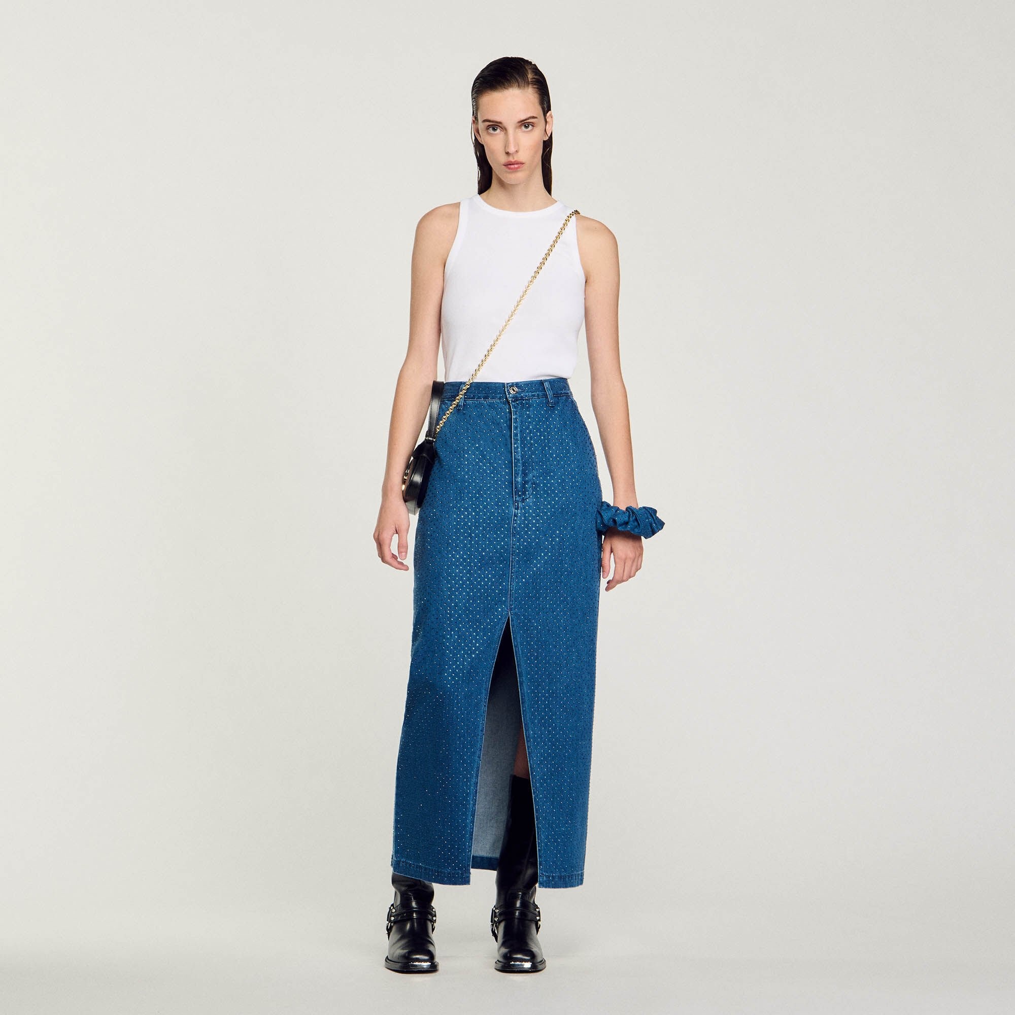 RHINESTONE DENIM MAXI SKIRT - 2