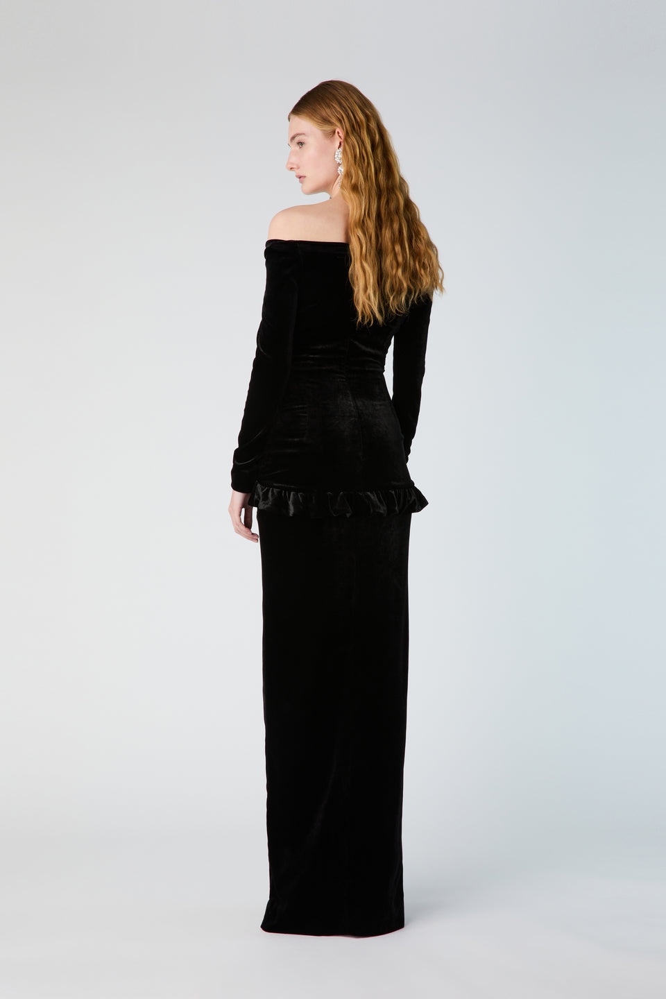 VELVET OFF THE SHOULDER GOWN WITH BOWS AND SPLIT - 5