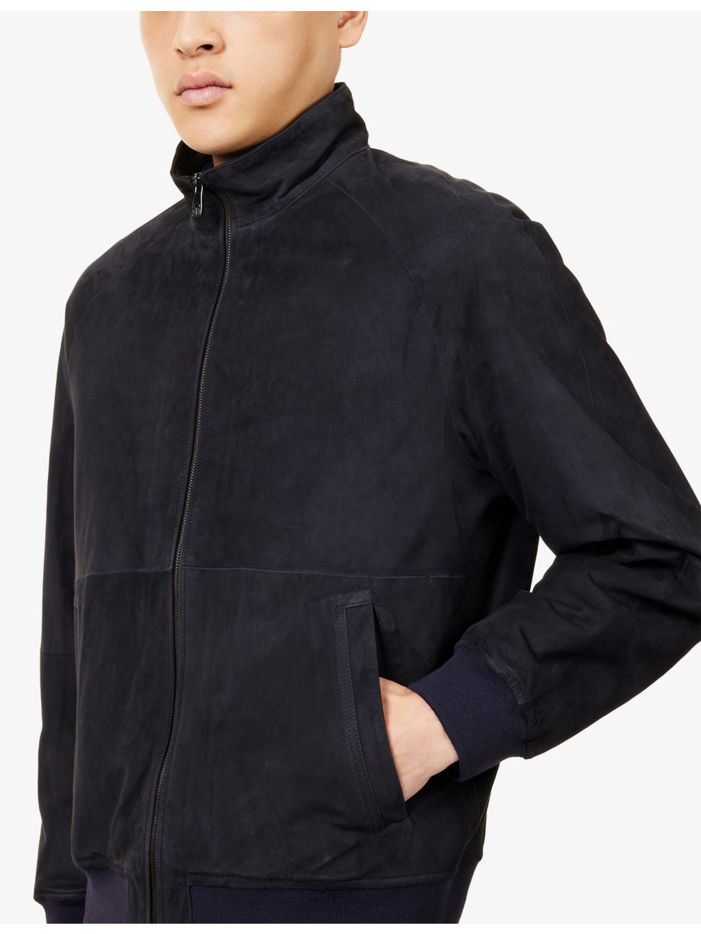 Stand Collar Raglan-Sleeve Suede Bomber Jacket - 5