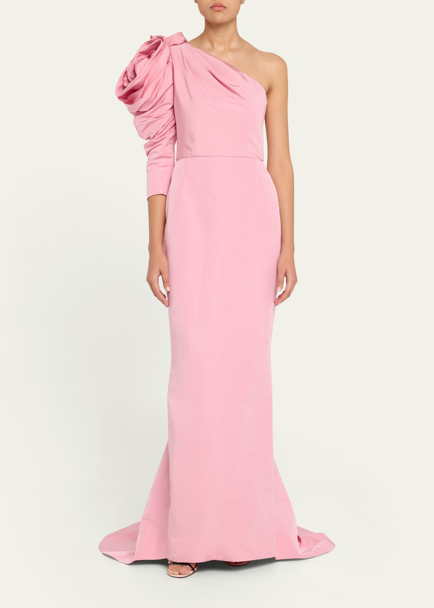One-Shoulder 3D Floral Silk Faille Trumpet Gown - 2