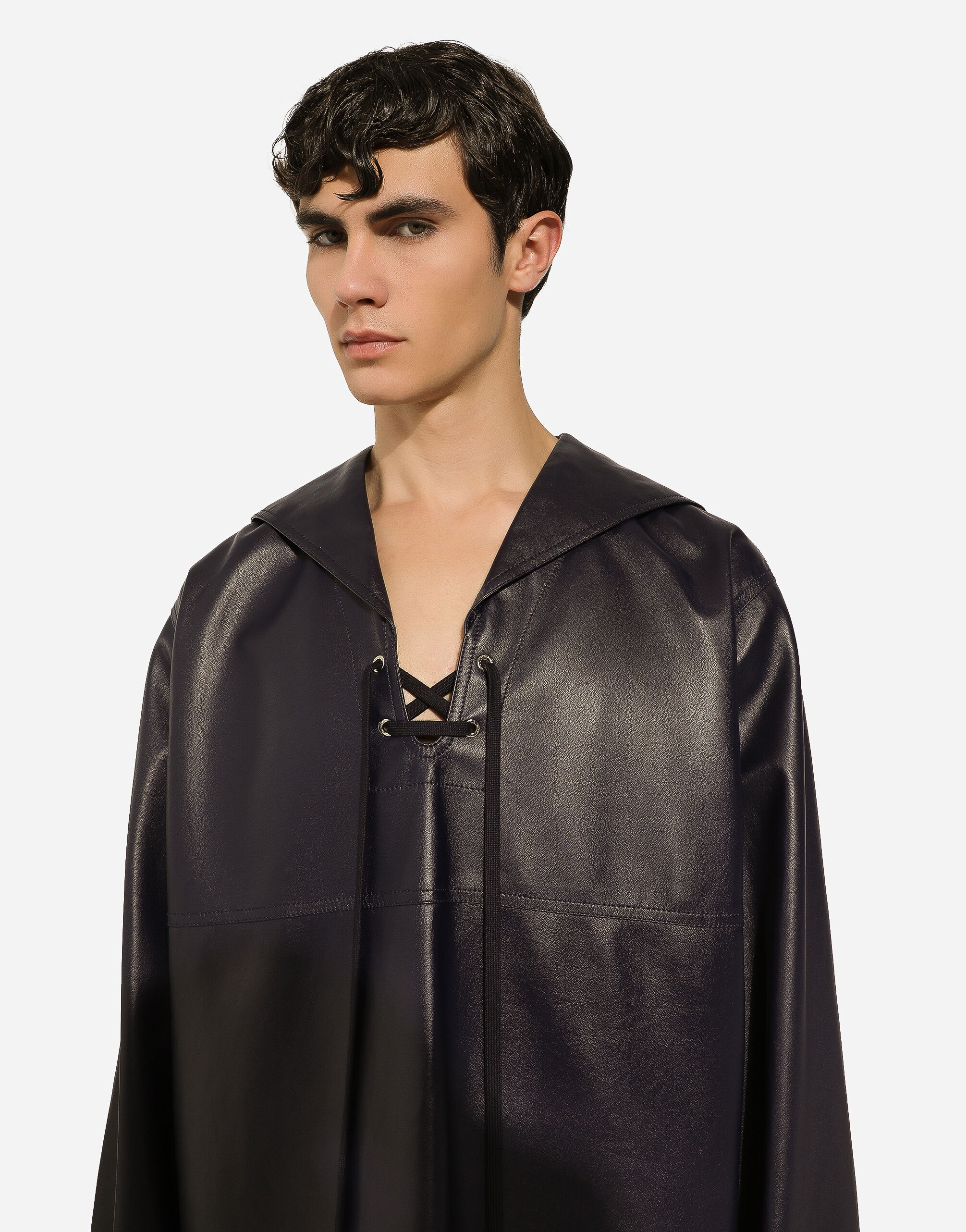 Leather blouse with sailor-style cape - 4