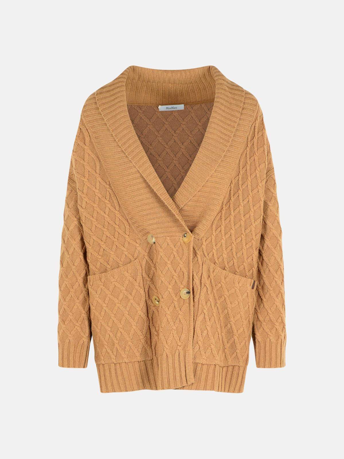 'MIRCA' DOUBLE-BREASTED BEIGE CAMEL YARN CARDIGAN - 1