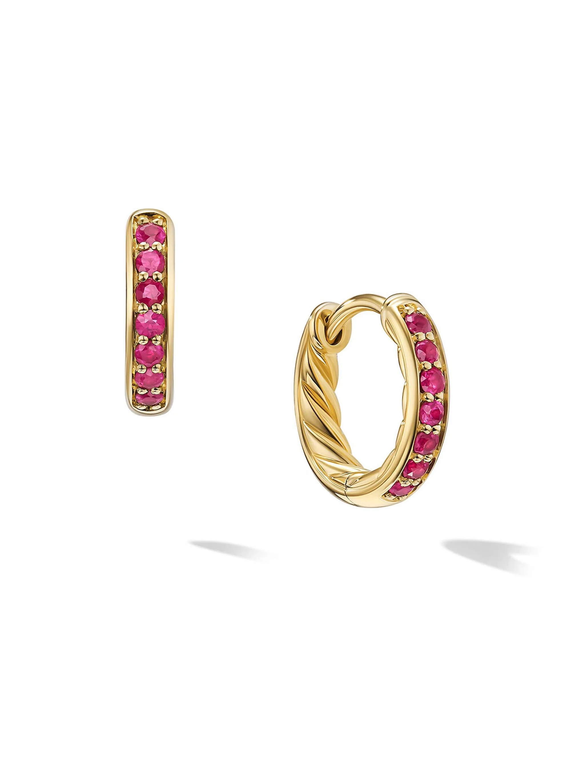 Women's Petite Pavé Huggie Hoop Earrings in 18K Yellow Gold - Ruby - 1
