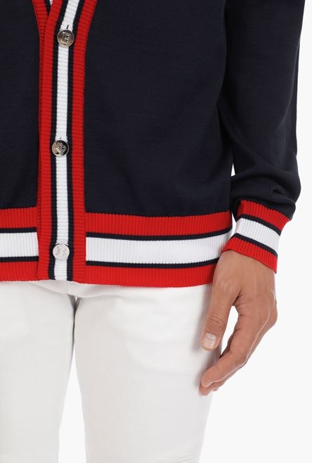 Black, red and white cotton cardigan with embroidered Balmain badge - 6